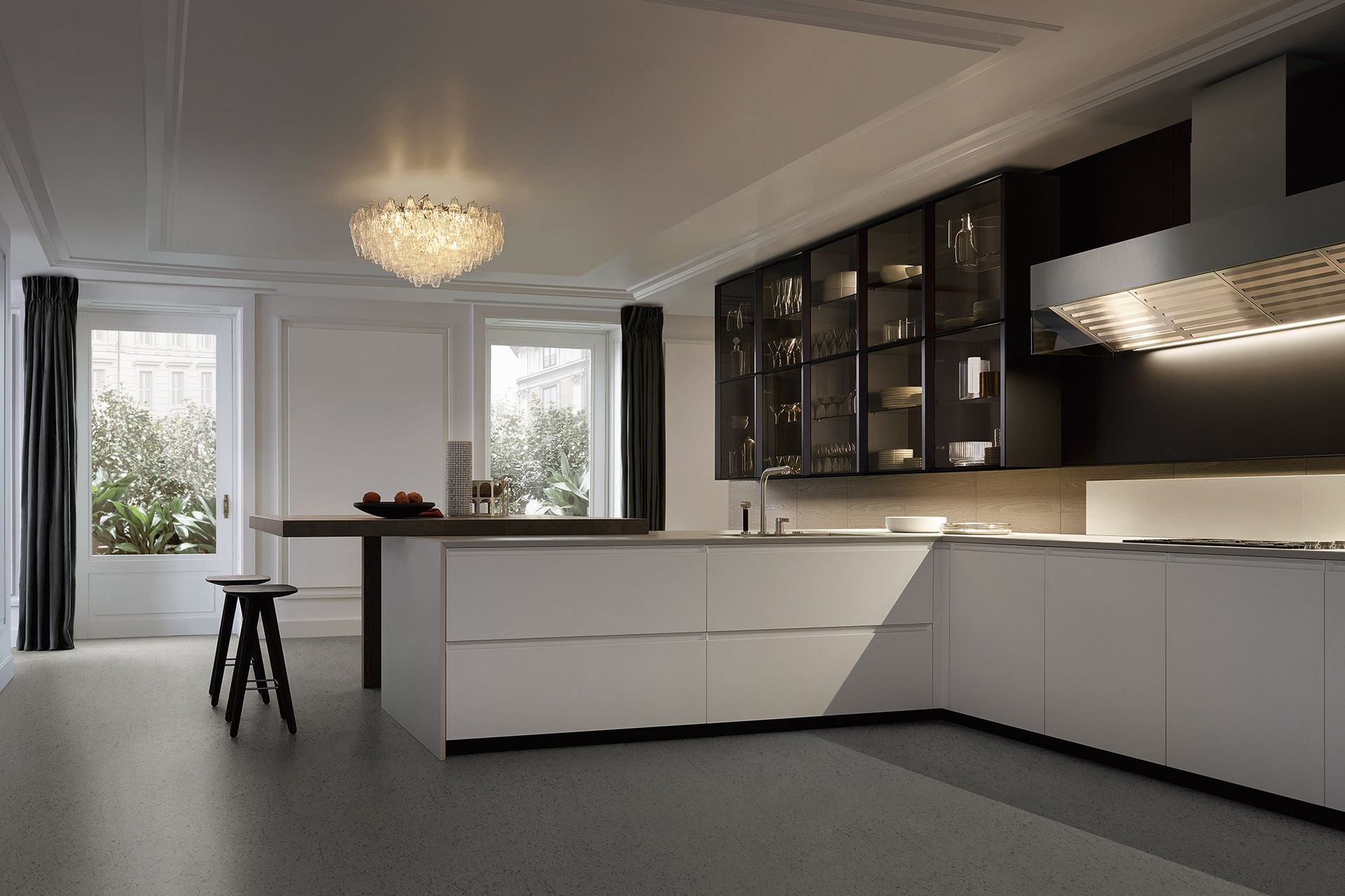 A chandelier immediately draws eyes upwards. Featured product: Trail Kitchen