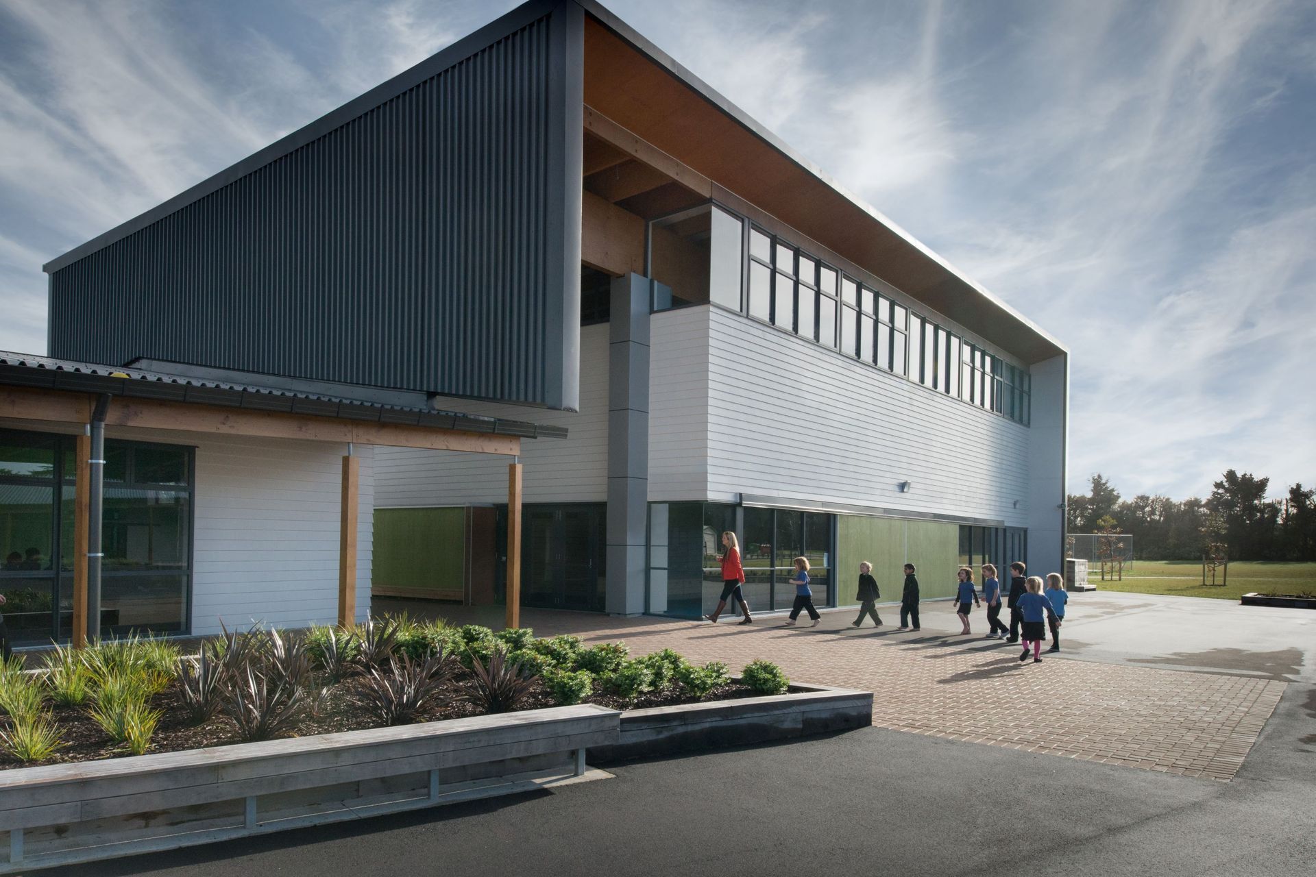 Trimline Roofing and its six-ribbed trapezoidal profile show its versatility in this school setting.