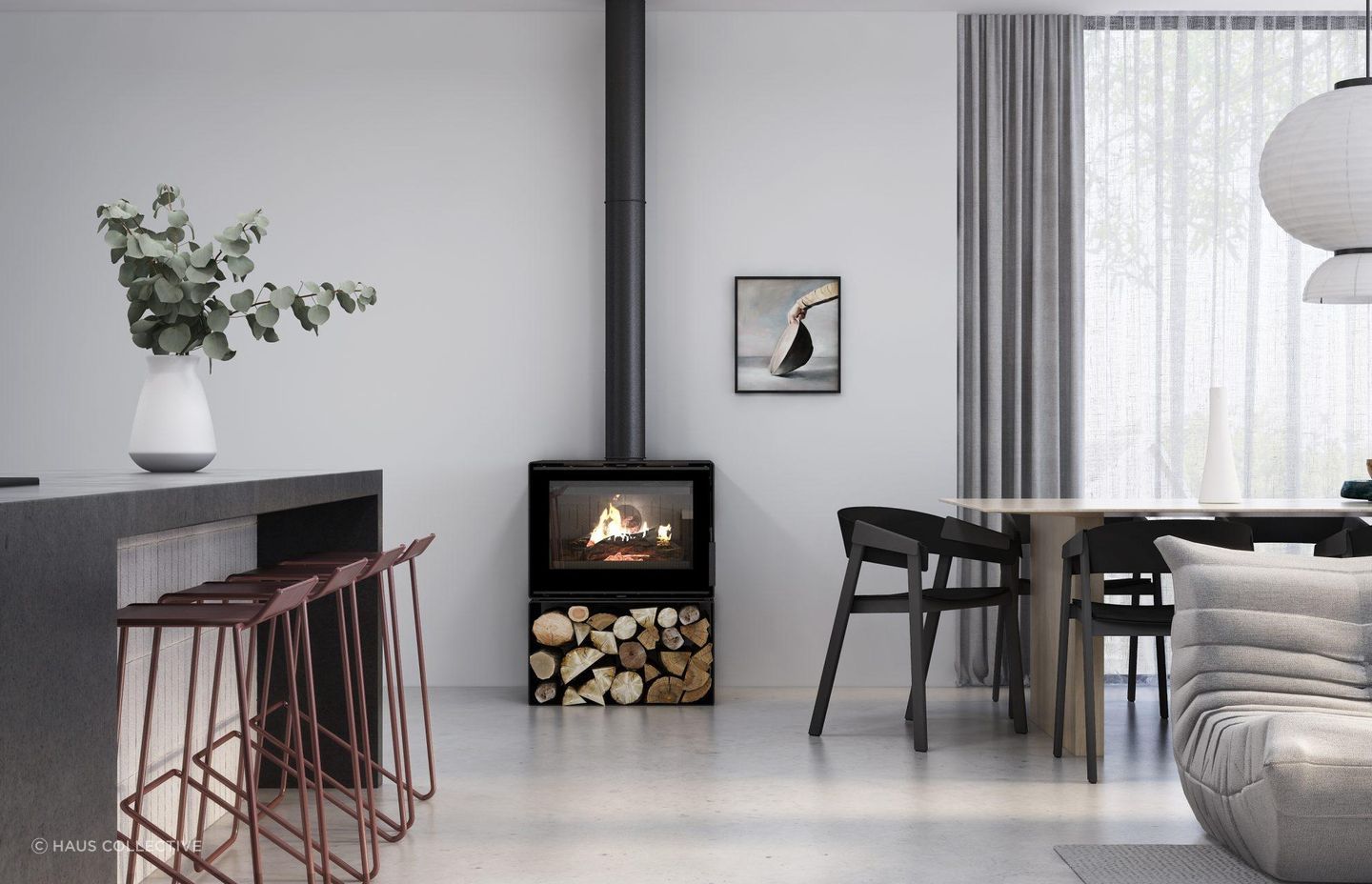 Wood burning fireplaces are available in a variety of designs and models. Featured product: Visionline Phoenix Wood Fireplace.