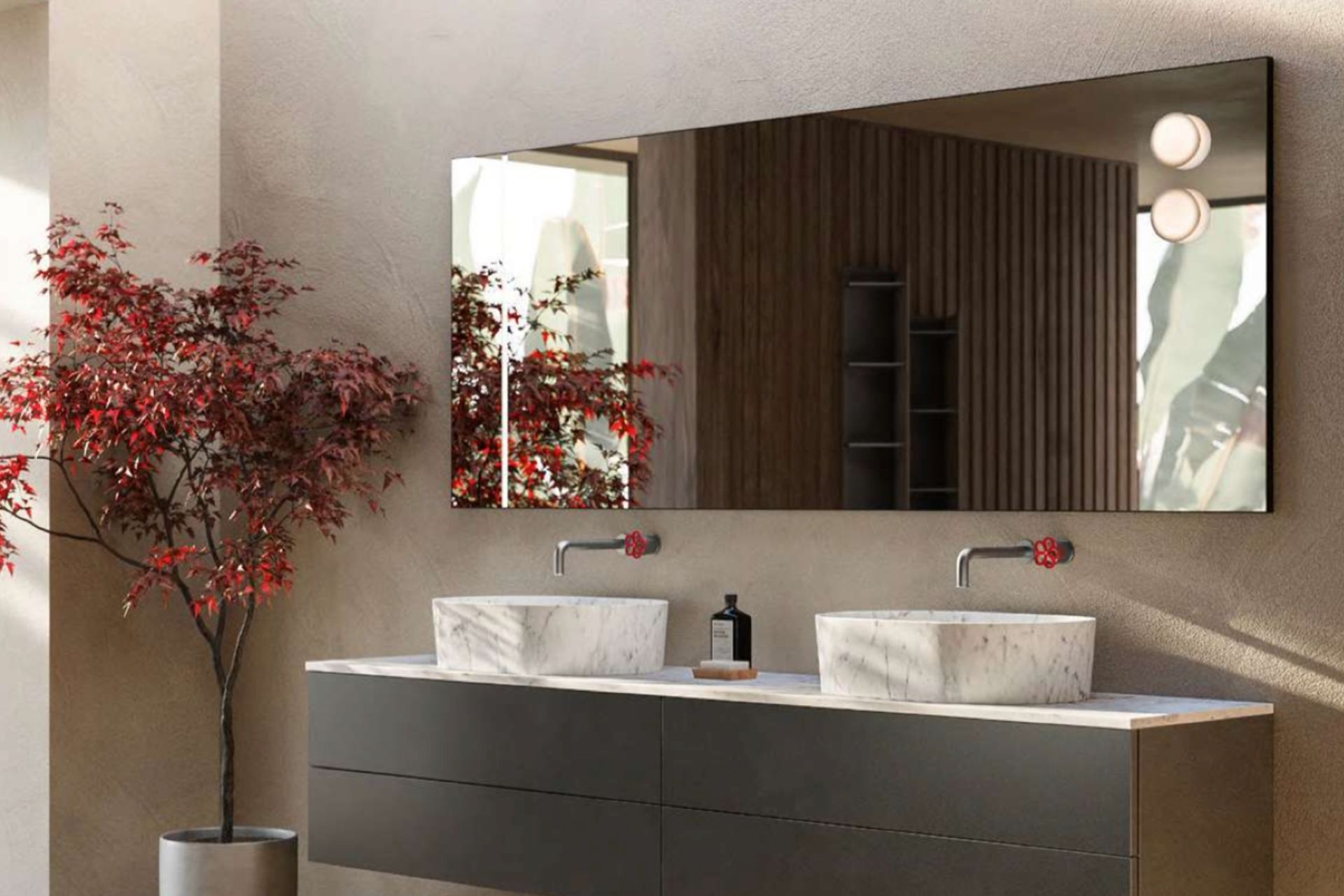 Thye stylish WK6 Mirror by Boffi from Elemento is perfectly placed to make the most of the natural light in the space.