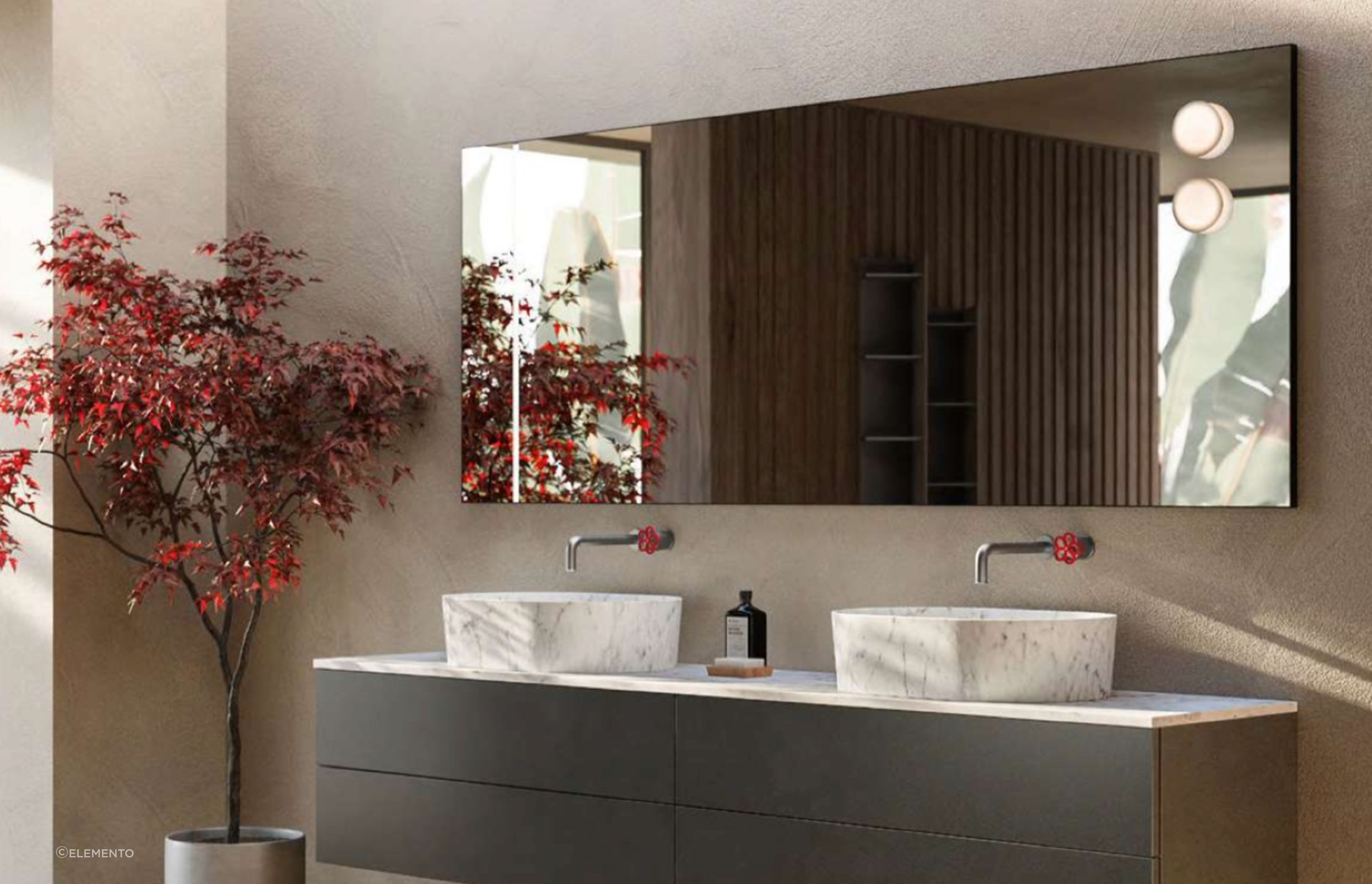 Thye stylish WK6 Mirror by Boffi from Elemento is perfectly placed to make the most of the natural light in the space.