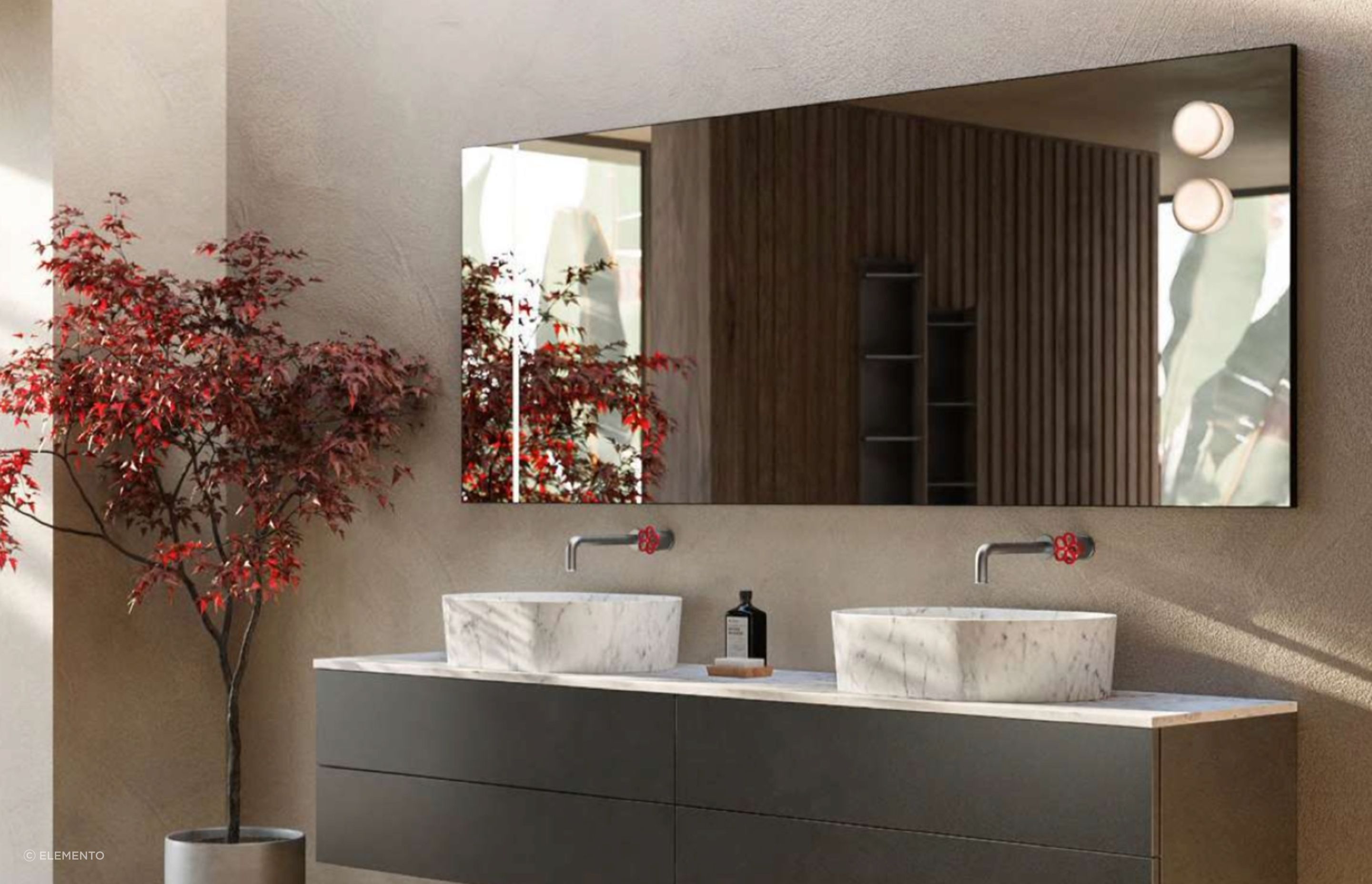 Thye stylish WK6 Mirror by Boffi from Elemento is perfectly placed to make the most of the natural light in the space.