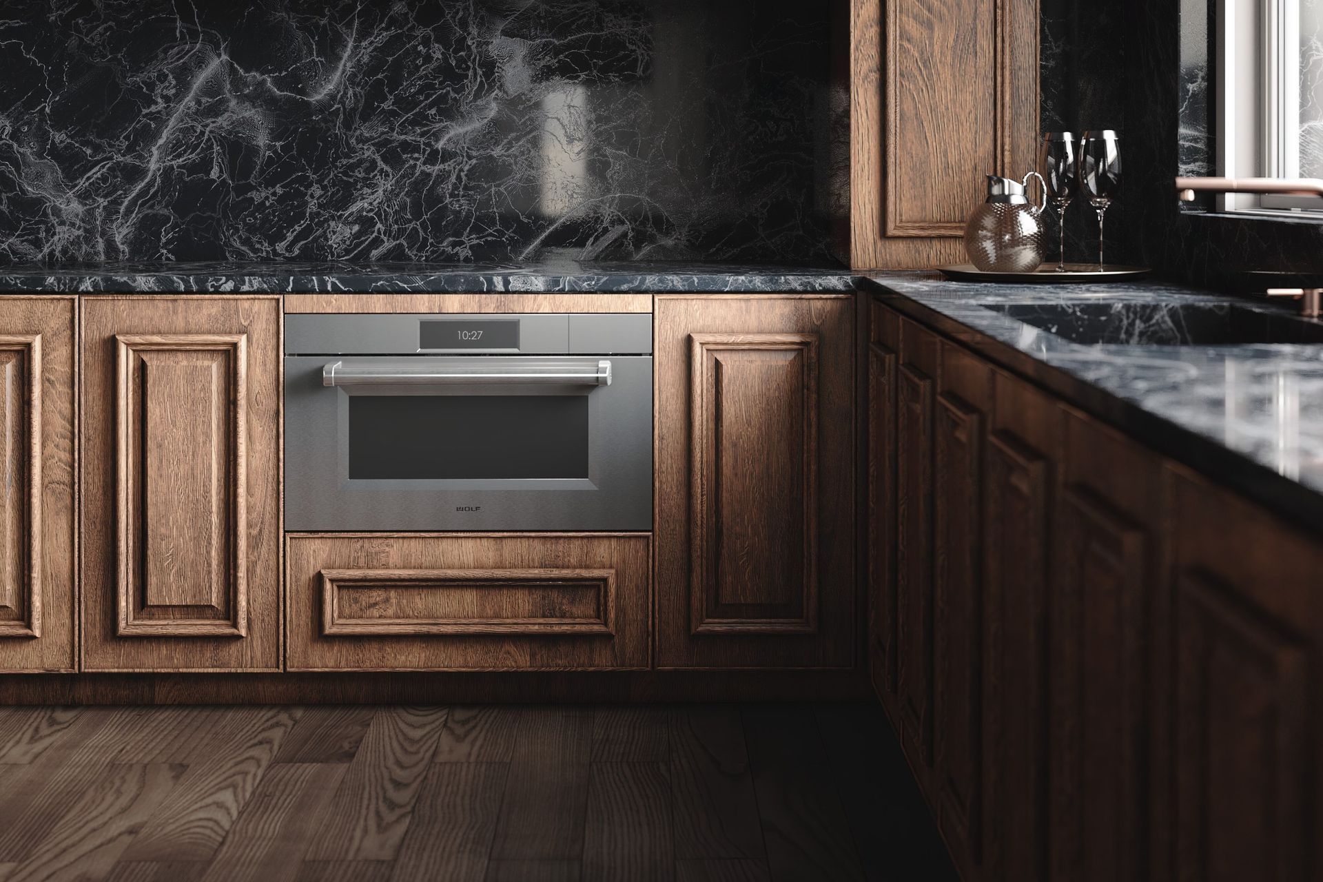 The Wolf M Series Professional Convection Steam Oven boasts a 1.2 litre water tank and a spacious 68 litre oven cavity.