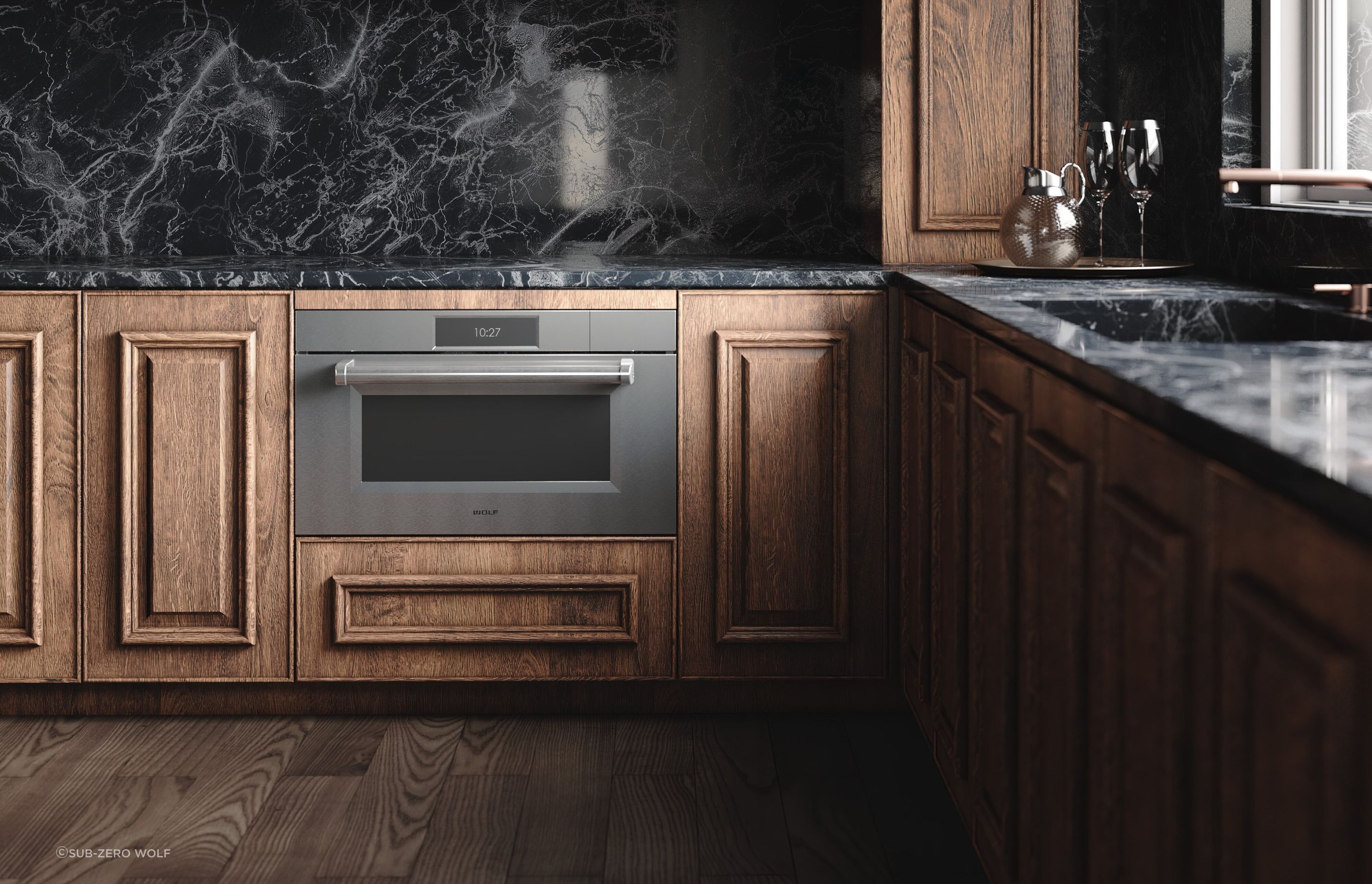 The Wolf M Series Professional Convection Steam Oven boasts a 1.2 litre water tank and a spacious 68 litre oven cavity.