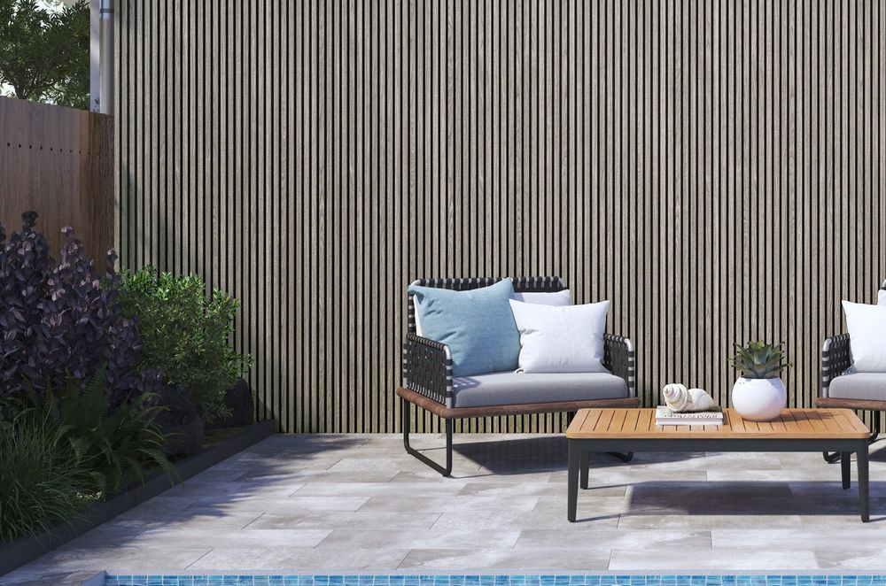 Wood Plastic Composite Panelling for Slat Exterior in Silver Oak by Profile Panels.