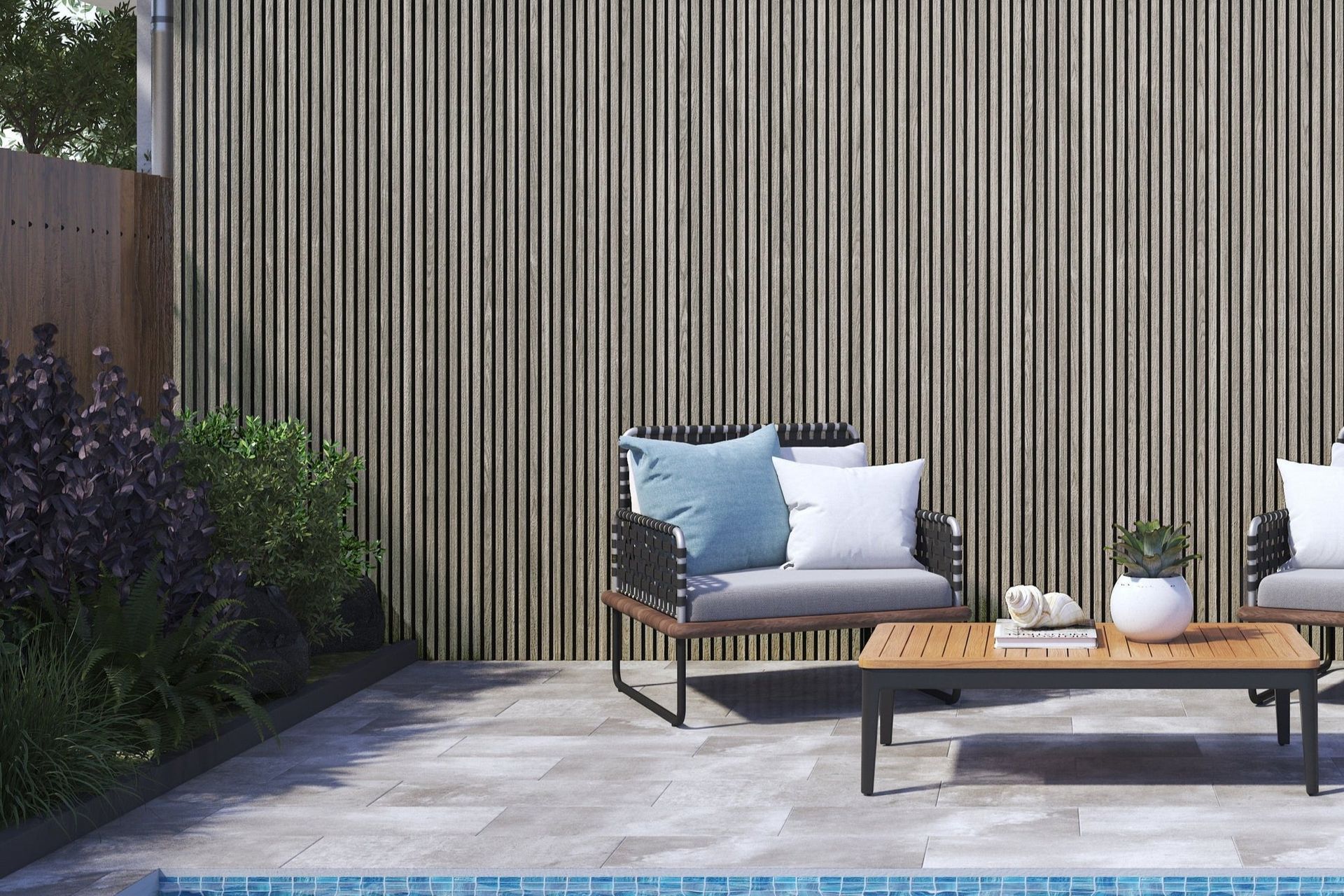 Wood Plastic Composite Panelling for Slat Exterior in Silver Oak by Profile Panels.
