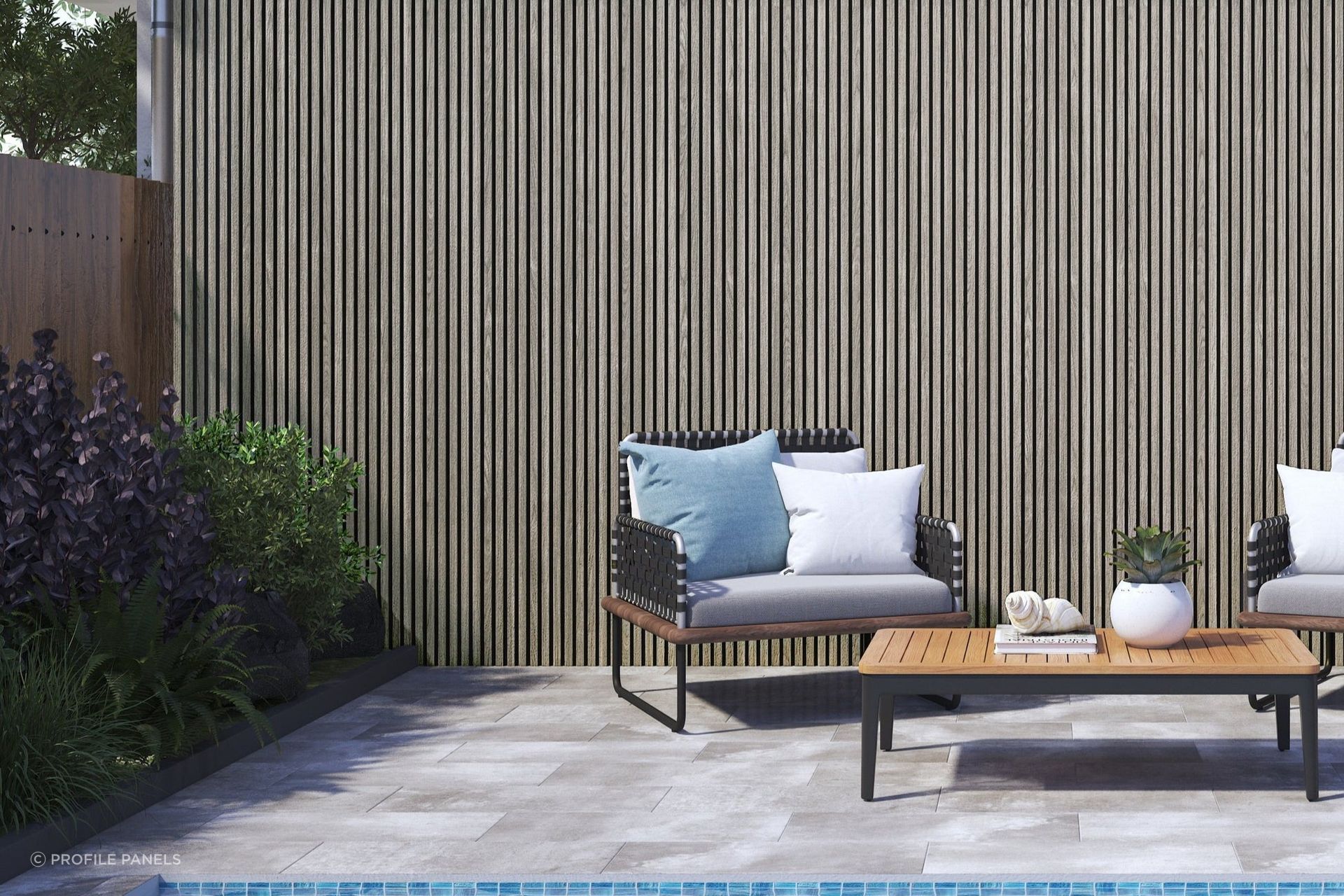 Wood Plastic Composite Panelling for Slat Exterior in Silver Oak by Profile Panels.