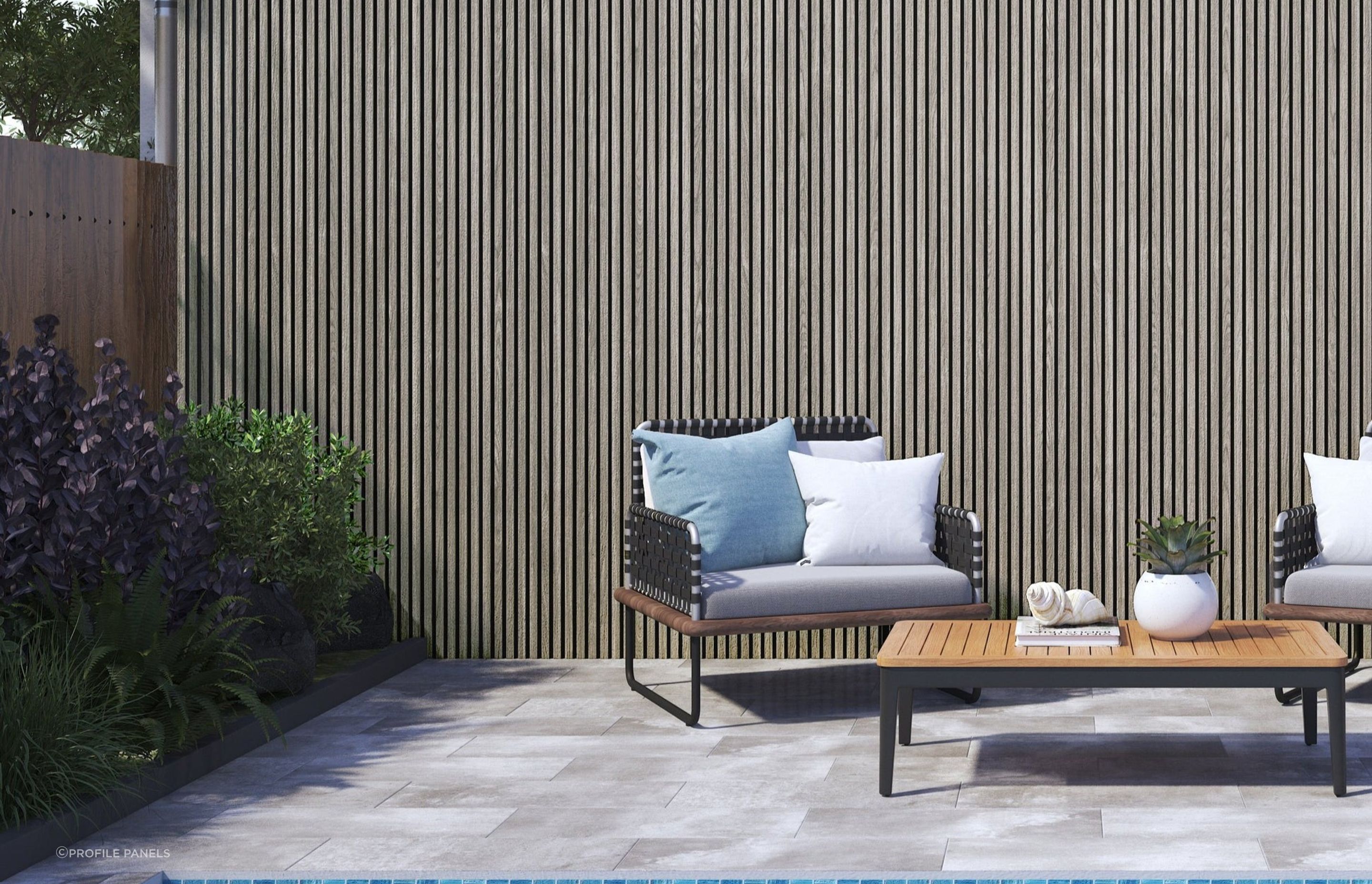 Wood Plastic Composite Panelling for Slat Exterior in Silver Oak by Profile Panels.