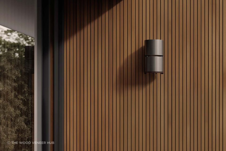 Acupanel® | Oak | Exterior Composite Slat Wall Panels from The Wood Veneer Hub are fully waterproof and made with recycled materials.