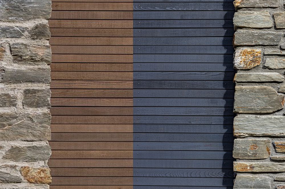 This is the same stone, with the same timber finished in different stain colours. It shows how different materials paired with schist changes the look. Note how the recessed mortar on the right creates a play of shadow.