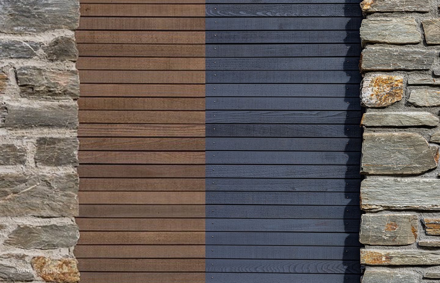 This is the same stone, with the same timber finished in different stain colours. It shows how different materials paired with schist changes the look. Note how the recessed mortar on the right creates a play of shadow.