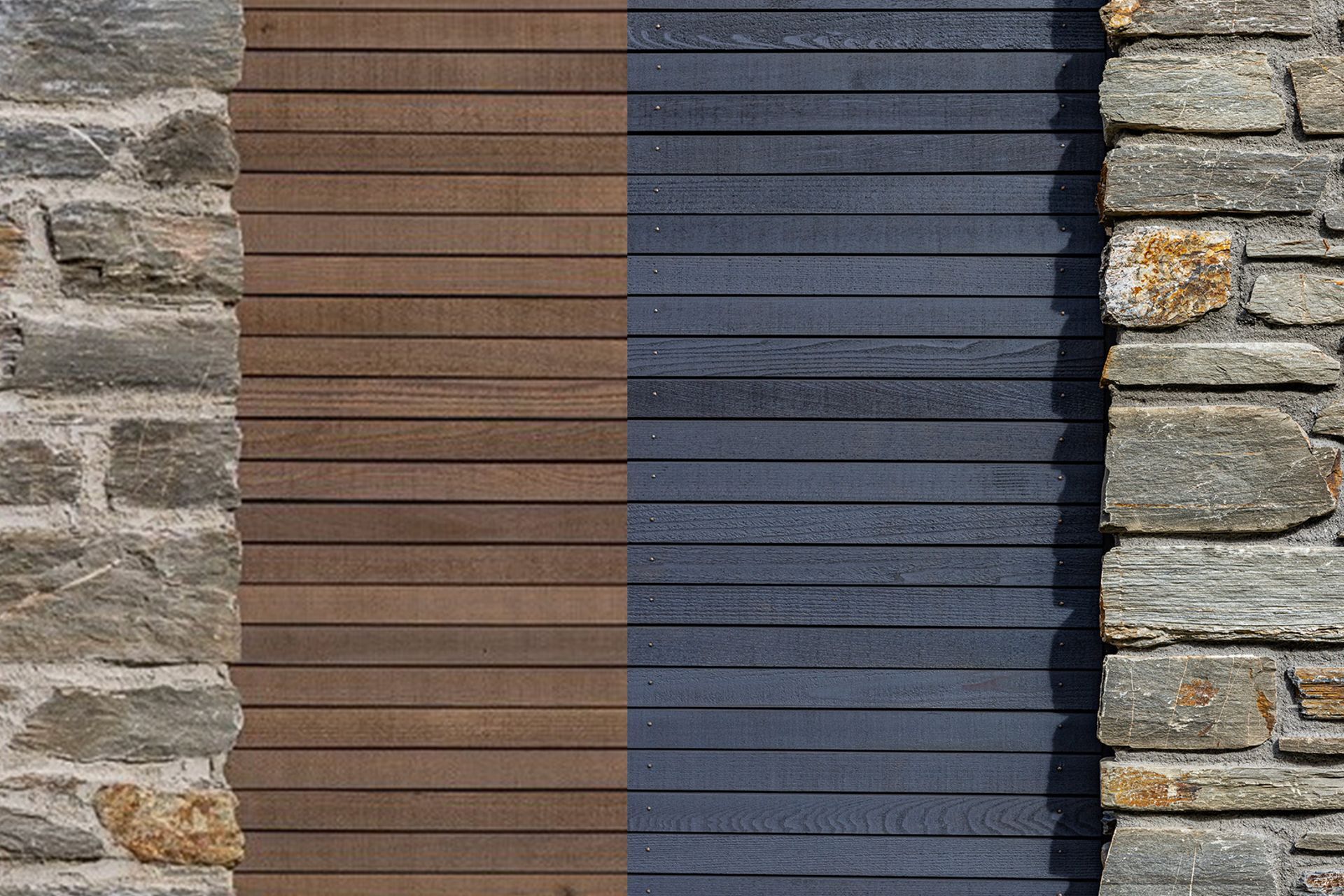 This is the same stone, with the same timber finished in different stain colours. It shows how different materials paired with schist changes the look. Note how the recessed mortar on the right creates a play of shadow.