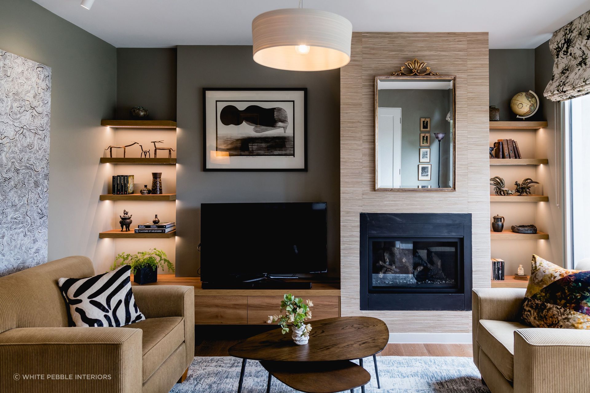 A Hamptons living room doesn't always need to have white walls. Project Hamoton Haven by White Pebble Interiors. Photography: Suzy Appel.
