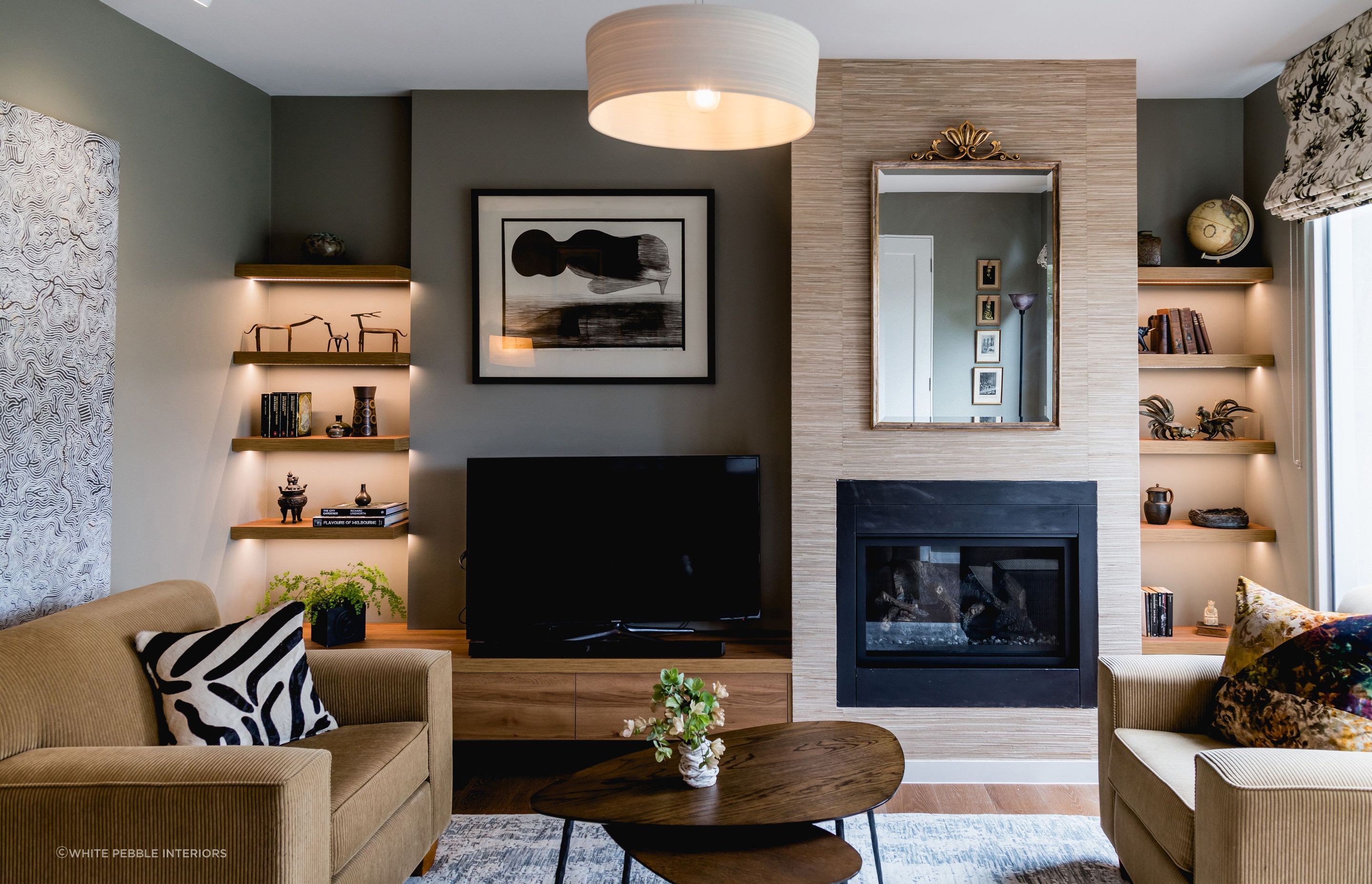 A Hamptons living room doesn't always need to have white walls. Project Hamoton Haven by White Pebble Interiors. Photography: Suzy Appel.