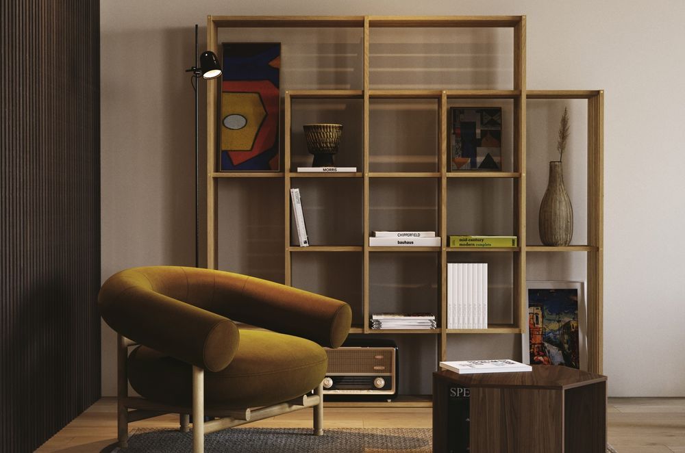 The stylish X2 Bookshelf by Craftbuilt, decorated with colour choices that create dynamism and depth.