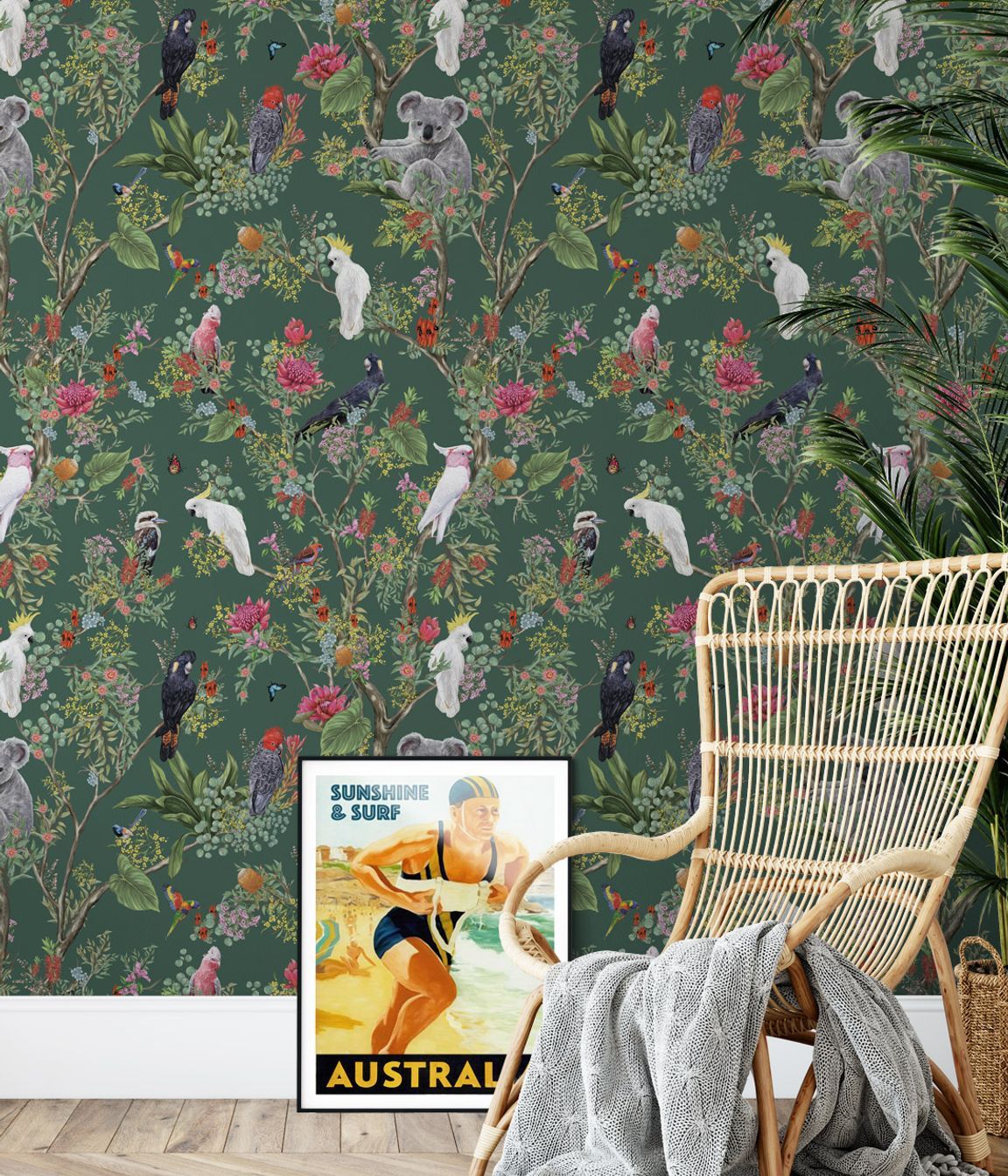 Strategically placing wall art against an intriguingly designed wallpaper is a great way to create contrast.