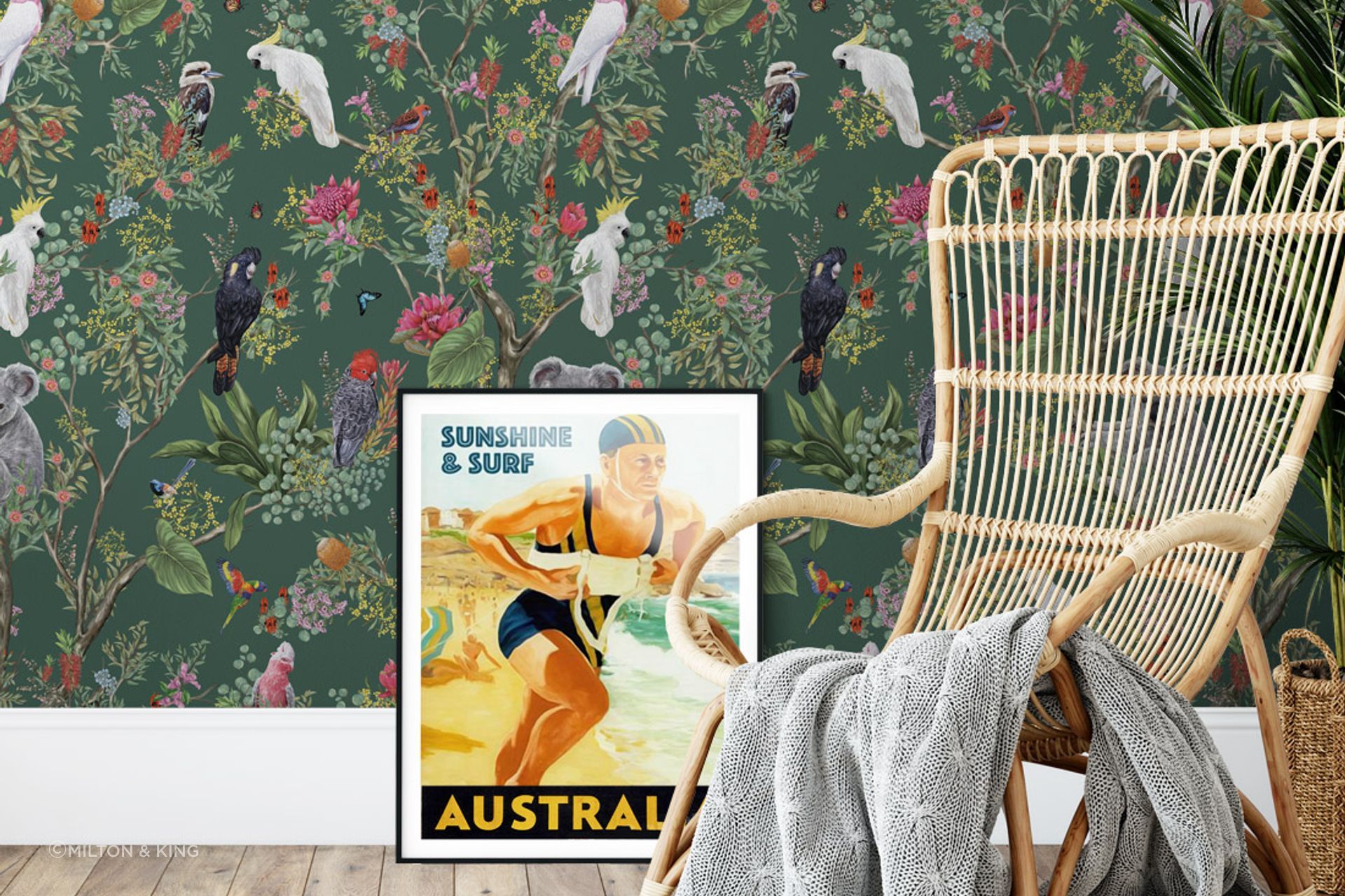 Strategically placing wall art against an intriguingly designed wallpaper is a great way to create contrast.