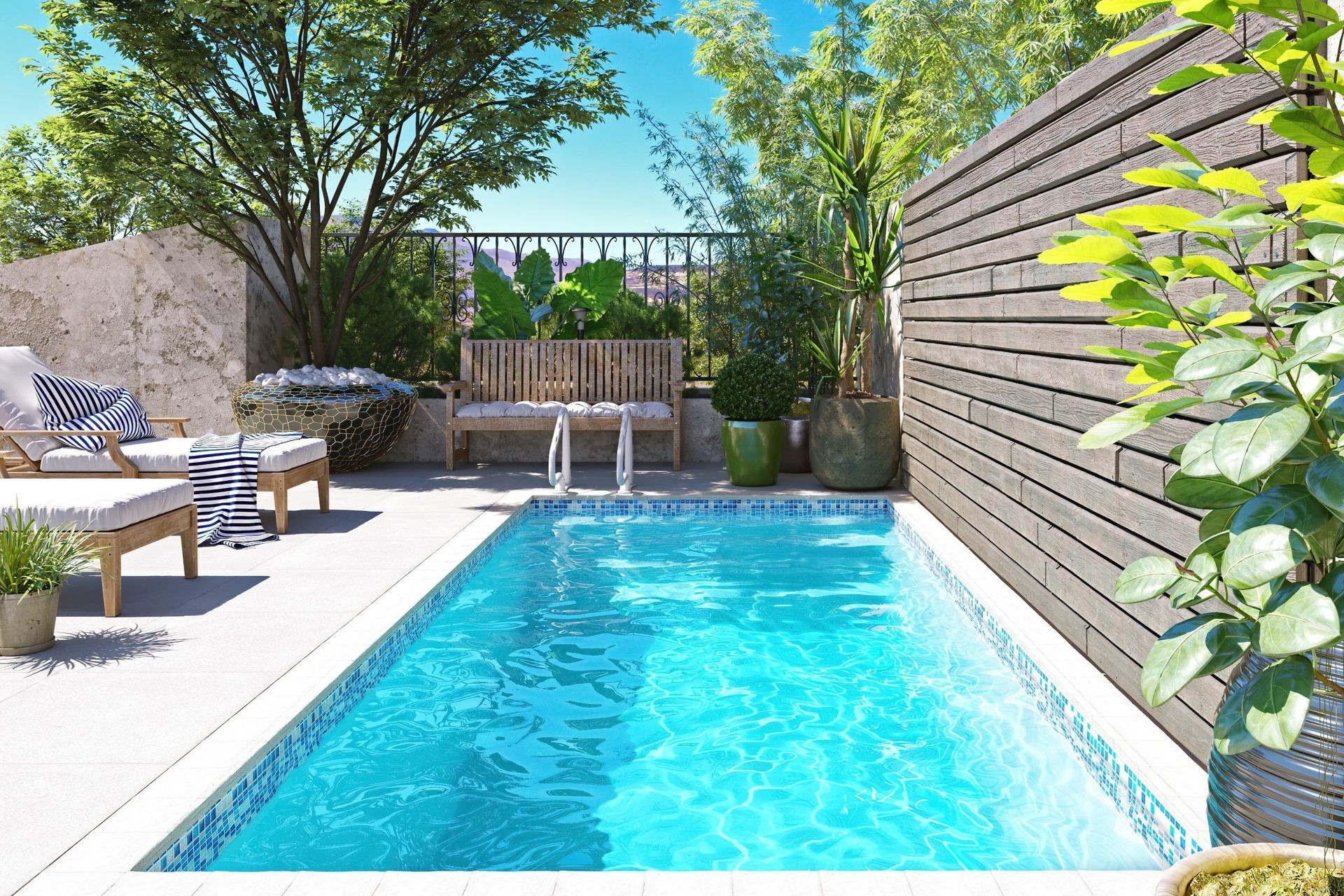 The Bonaire Pool from Poolpac features a porcelain tile finish at the waterline — a lovely touch of style.