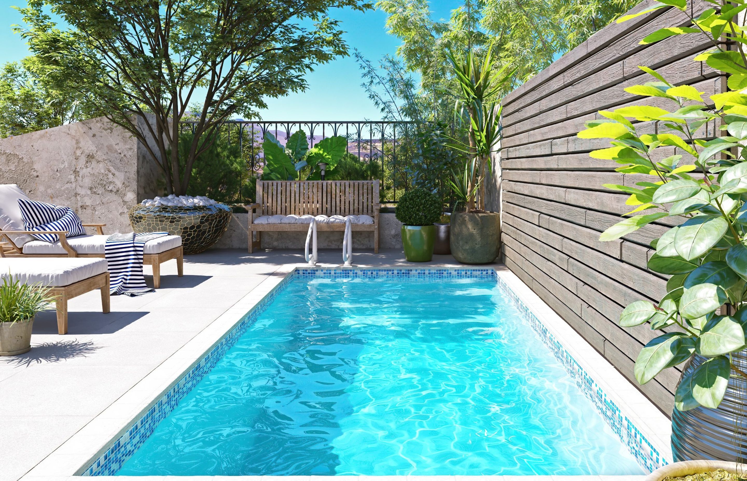 The Bonaire Pool from Poolpac features a porcelain tile finish at the waterline — a lovely touch of style.