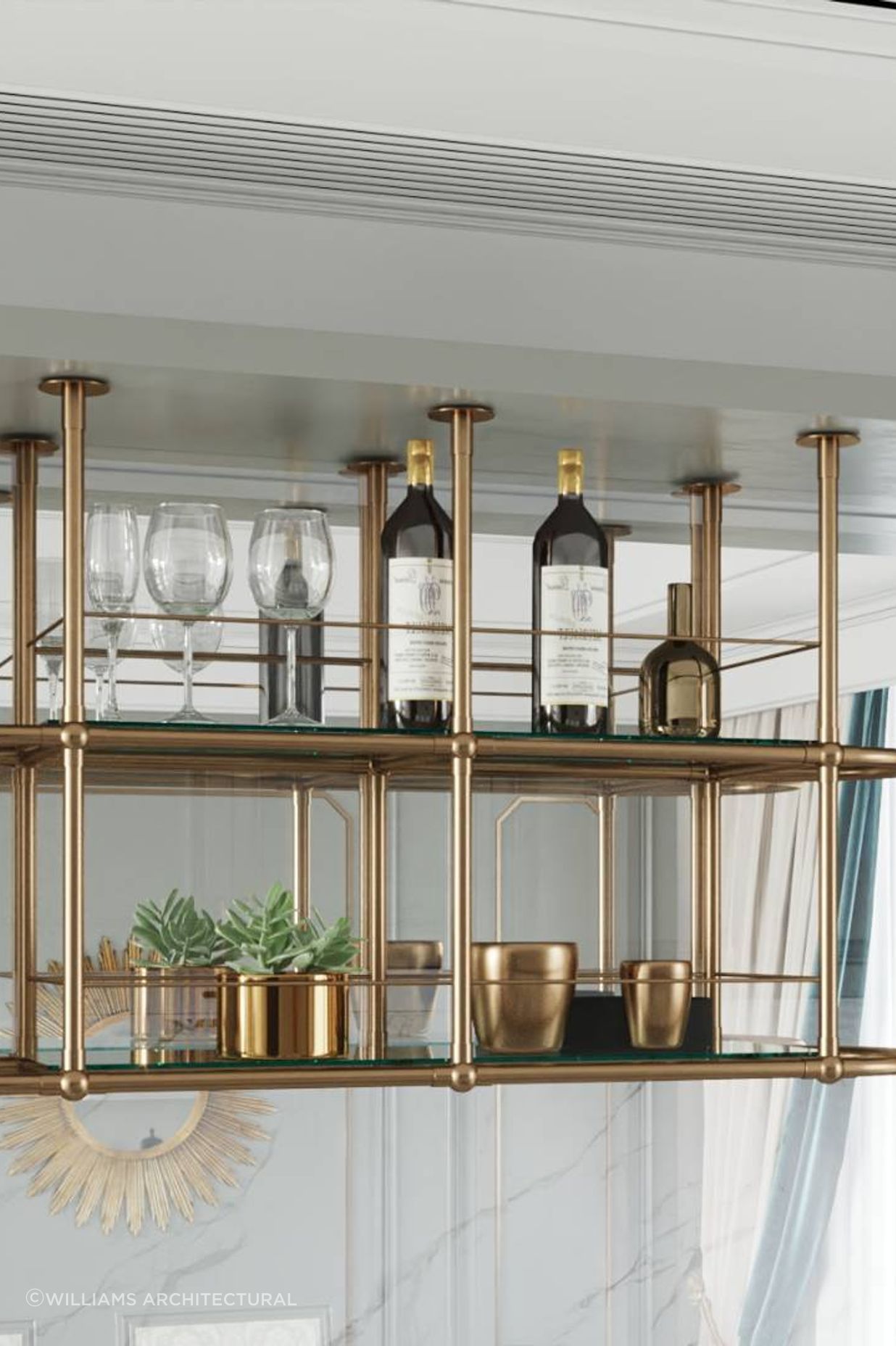 Ceiling-Mounted Bespoke Luxe Shelving with ball fittings serves as a sophisticated hanging bar cart, combining modern design with practical elegance.