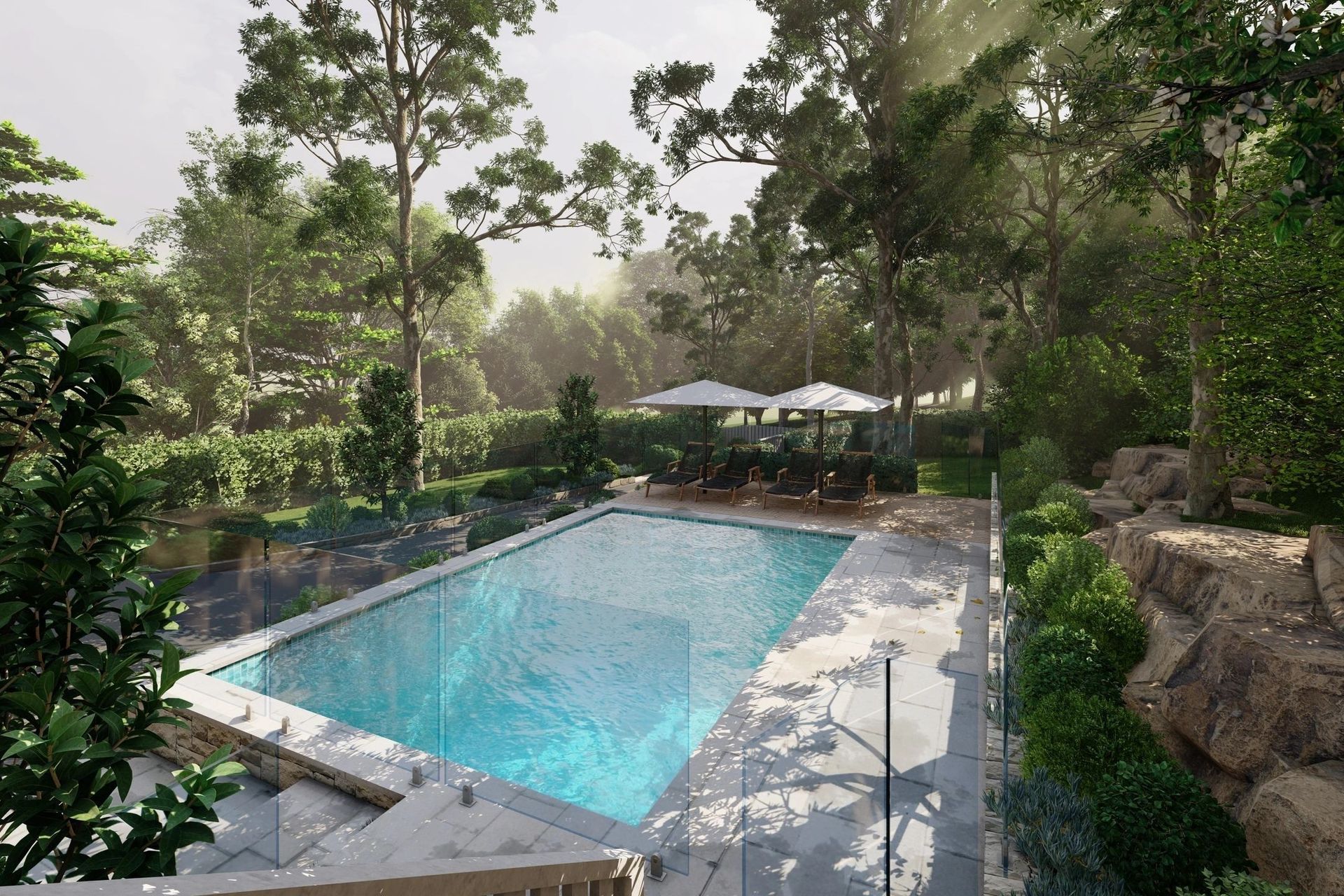 Trees provide adequate shade to this pool area, without completely blocking out natural light. Featured project: Caringbah South Residence - Outfield Landscape Architecture