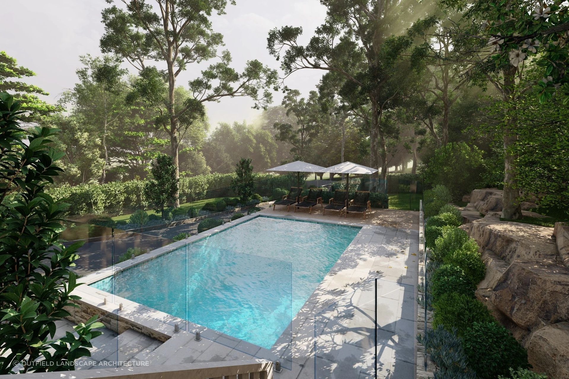 Trees provide adequate shade to this pool area, without completely blocking out natural light. Featured project: Caringbah South Residence - Outfield Landscape Architecture