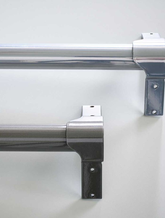 Flokk brand RBM have recently introduced new powder-paint colours to replace chromium plating, available in a deep grey colour (Steelgrey) as well as a shiny saturated colour (Metalsilver), both with high wear-resistant quality and both with a layer of transparent powder paint for extra wear protection