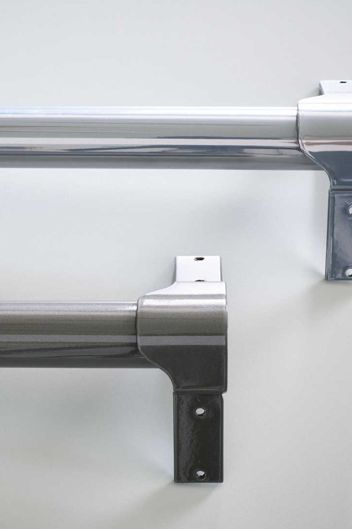Flokk brand RBM have recently introduced new powder-paint colours to replace chromium plating, available in a deep grey colour (Steelgrey) as well as a shiny saturated colour (Metalsilver), both with high wear-resistant quality and both with a layer of transparent powder paint for extra wear protection