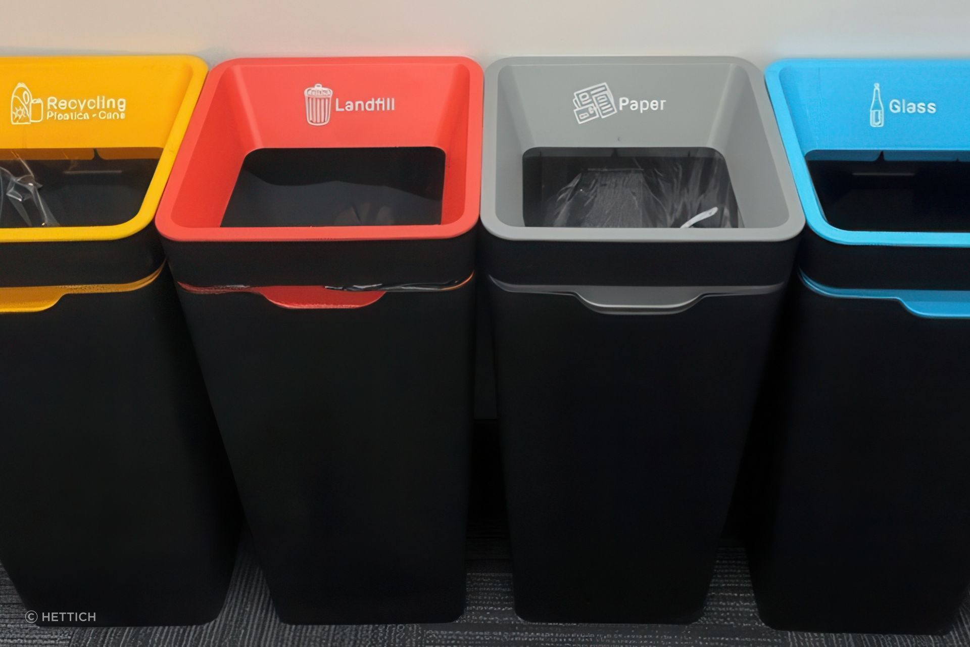 At Hettich’s NZ HQ in Auckland, we make sorting rubbish super easy with different coloured bins for recycling, general waste, paper and glass.