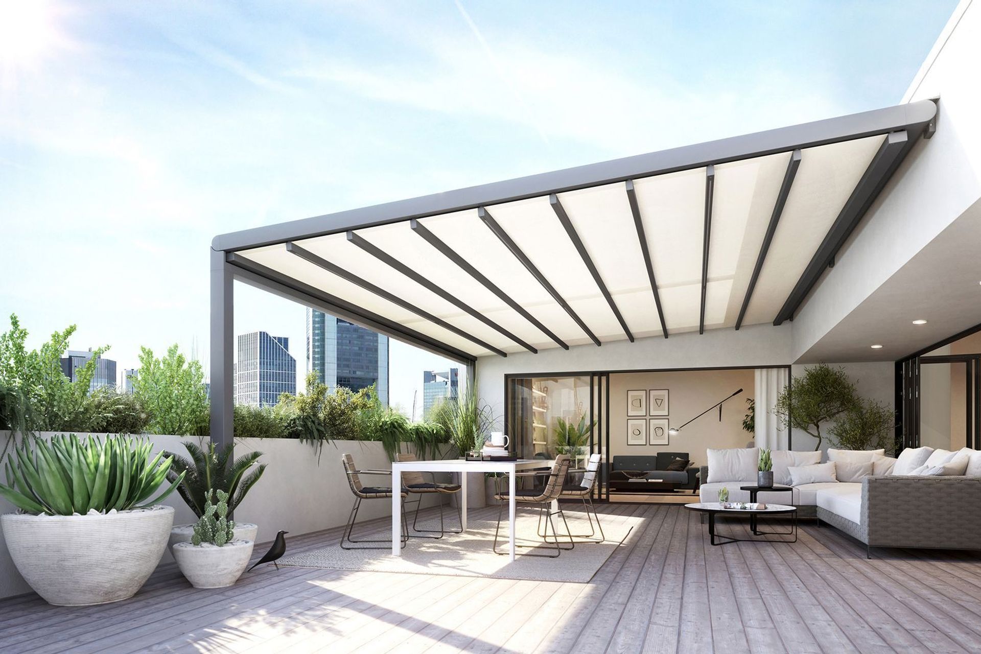 A modern deck featuring the award-winning Markilux Pergola Stretch Retractable Roof from A'besco Blinds & Awnings with space-saving technology and optional LED lighting.