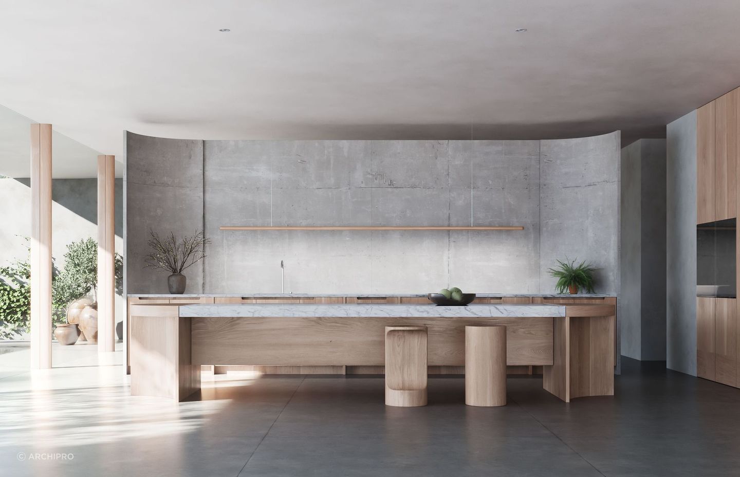 A sculptural in-situ concrete wall anchors the kitchen at Casa Sardinia, proving that minimal outcomes rely on early decisions and exacting execution. | Photo Credit: Mogamma