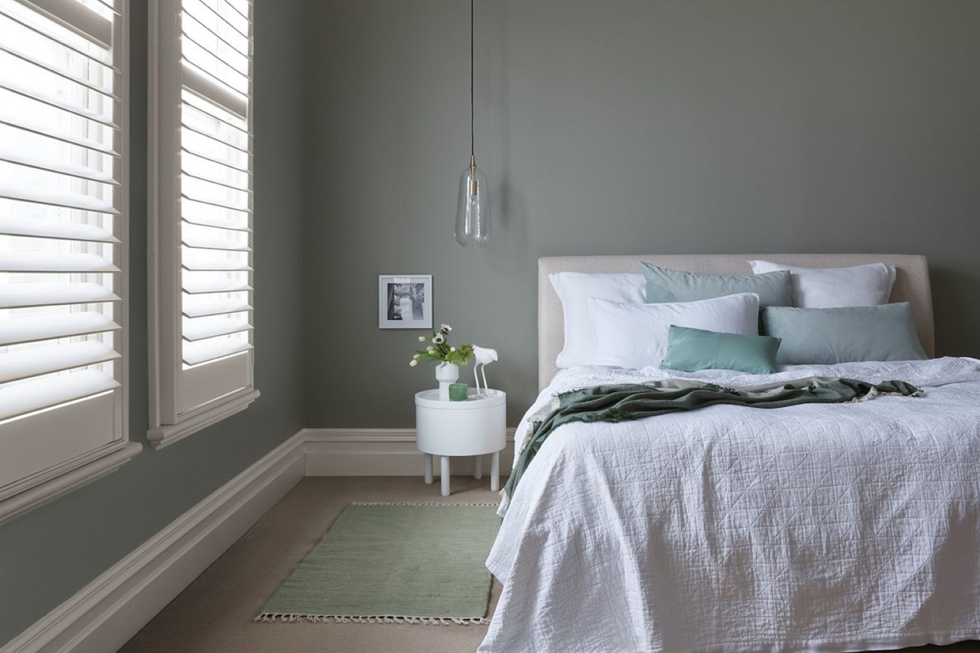 Blues and greens, like Porter's Paints Eggshell Acrylic Paint in French Green, can invoke a feeling of calmness and tranquillity.