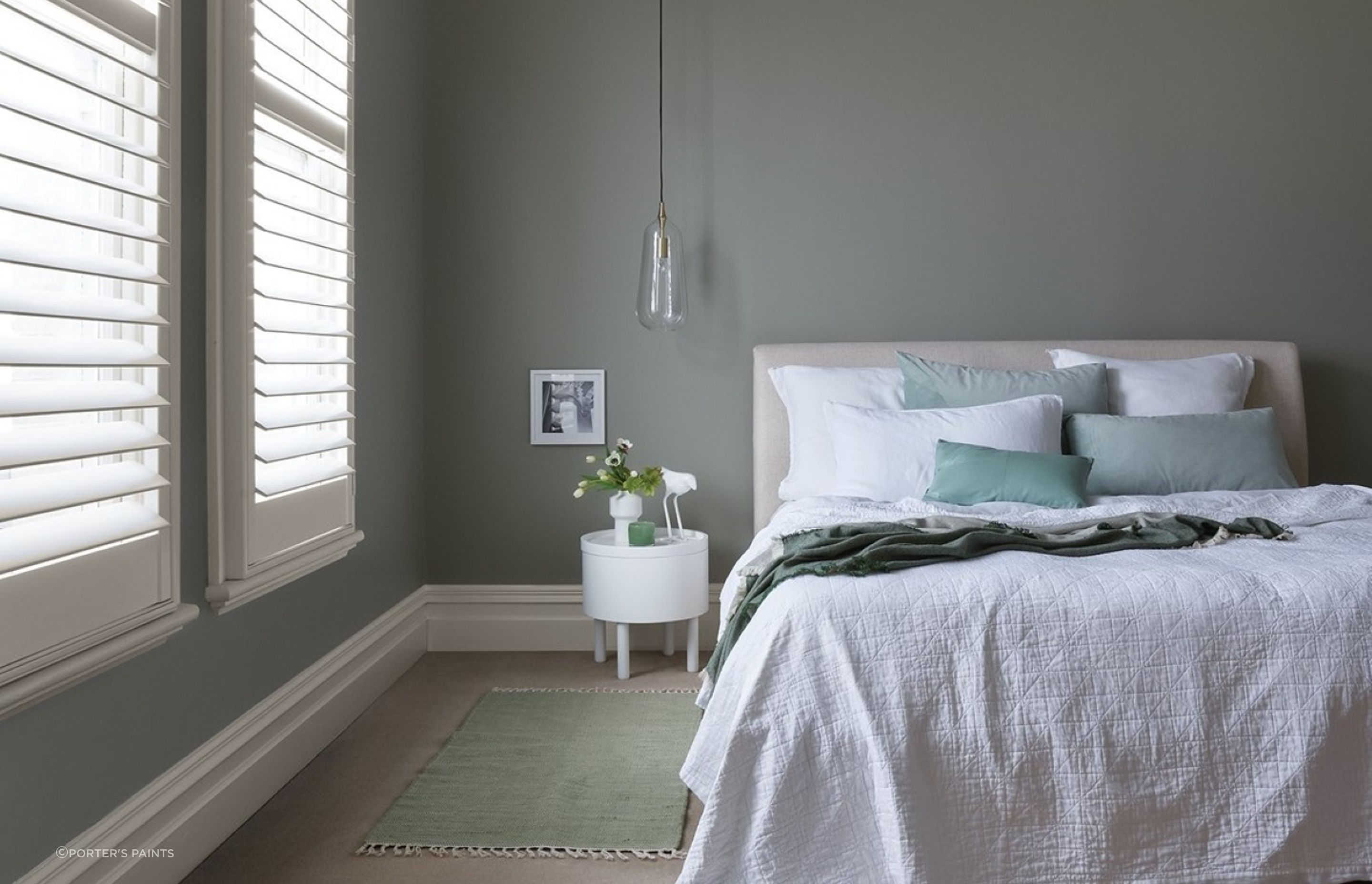 Blues and greens, like Porter's Paints Eggshell Acrylic Paint in French Green, can invoke a feeling of calmness and tranquillity.
