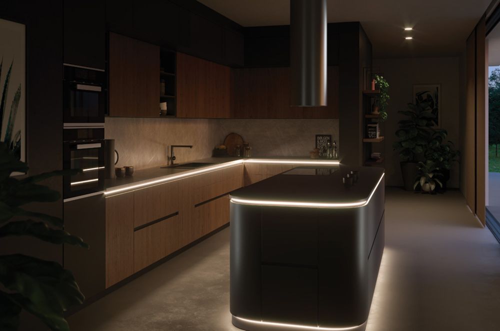 Cabinet LED lighting illuminating the kitchen workspace, providing both task lighting and aesthetic appeal