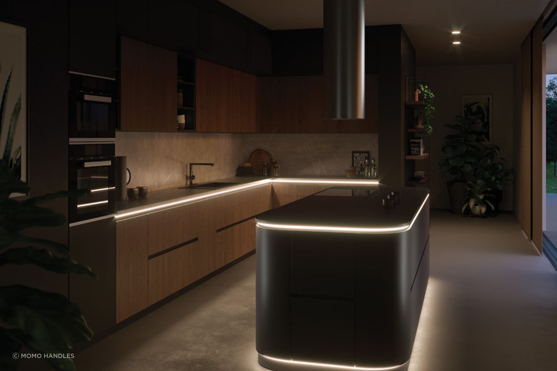 Cabinet LED lighting illuminating the kitchen workspace, providing both task lighting and aesthetic appeal