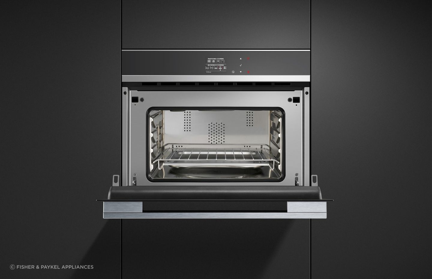 Smaller than a conventional oven meaning there is less to clean — the Stainless Steel Combination Microwave Oven from Fisher & Paykel.