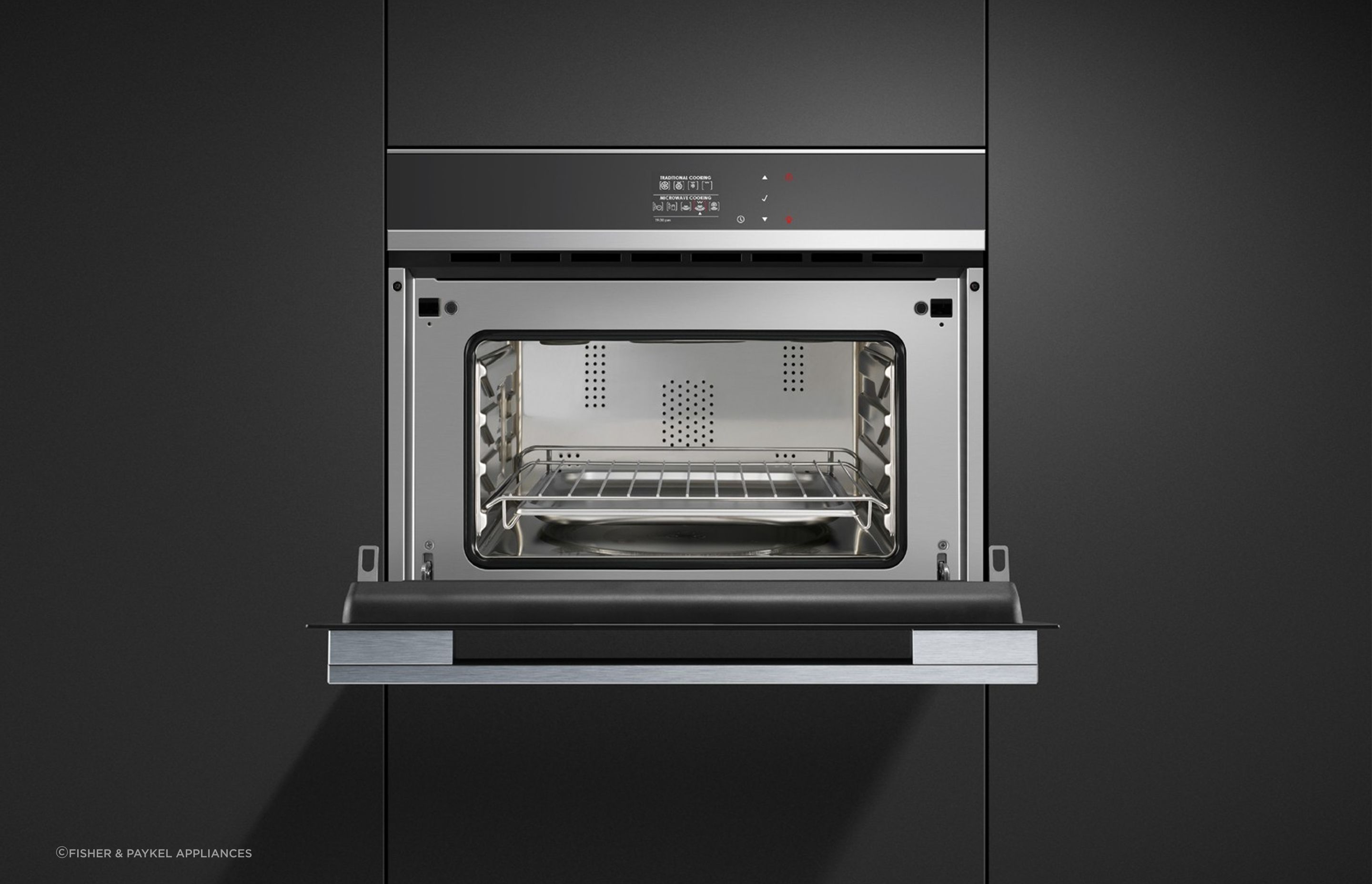 Smaller than a conventional oven meaning there is less to clean — the Stainless Steel Combination Microwave Oven from Fisher & Paykel.
