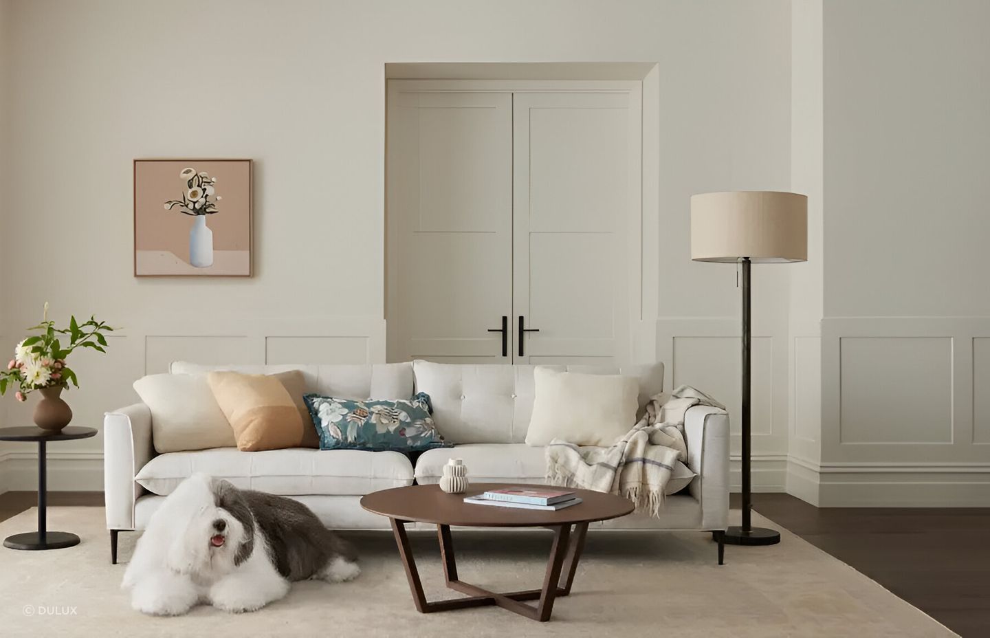 Dulux Sandfly Point is described as a creamier white shade, providing a cosy atmosphere and allowing artwork to sing.