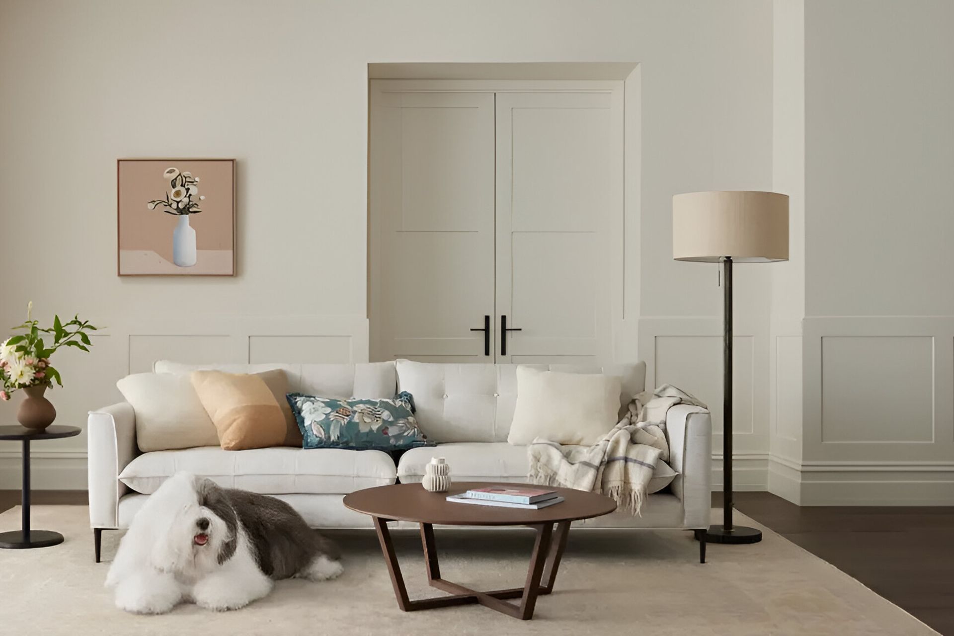 Dulux Sandfly Point is described as a creamier white shade, providing a cosy atmosphere and allowing artwork to sing.