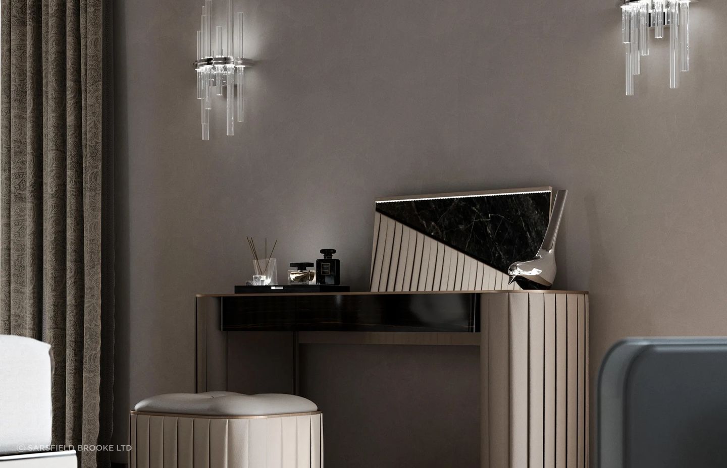 Dazzling wall lights make a spectacular feature of the equally dazzling Plisse Dressing Table from Sarsfield Brooke Ltd.