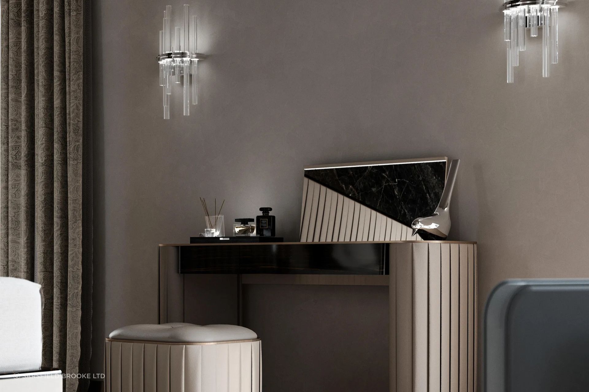 Dazzling wall lights make a spectacular feature of the equally dazzling Plisse Dressing Table from Sarsfield Brooke Ltd.