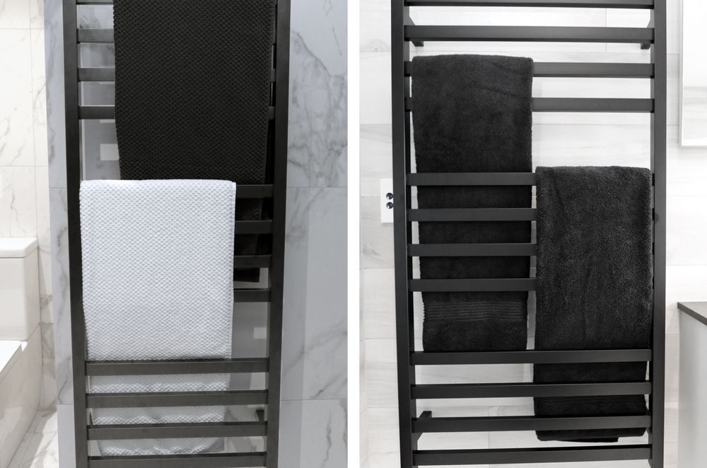 A gunmetal finish (left) or black finish will offset materials such as marble, creating a striking dichromatic look in your bathroom.
