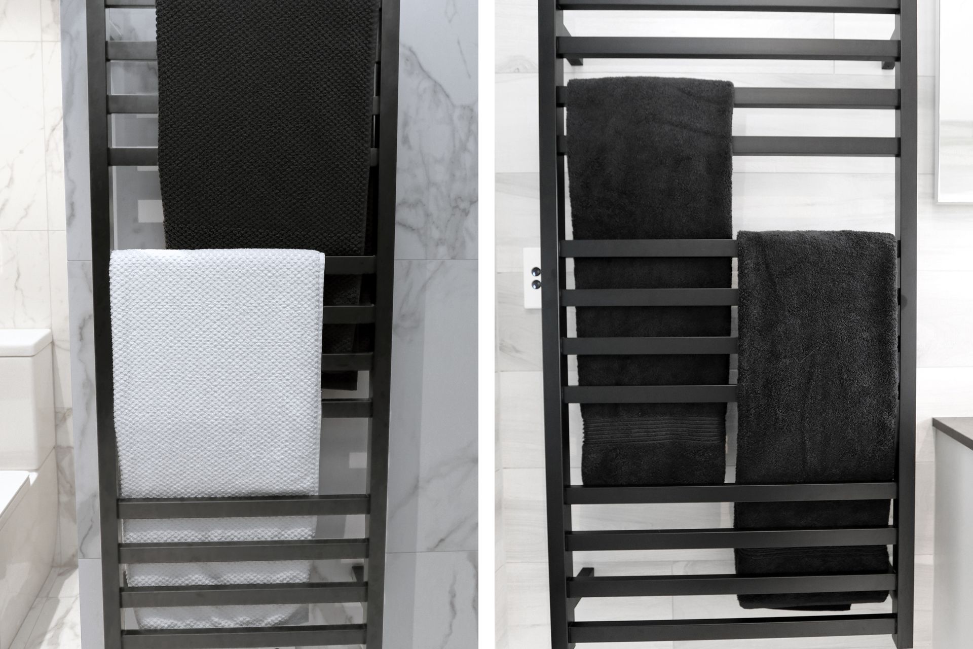 A gunmetal finish (left) or black finish will offset materials such as marble, creating a striking dichromatic look in your bathroom.