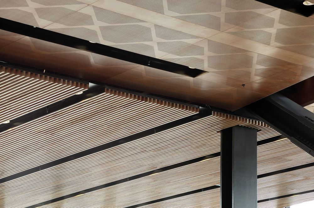 Here, wood is used in a ceiling feature in the Manukau Institute of Technology building, Auckland.