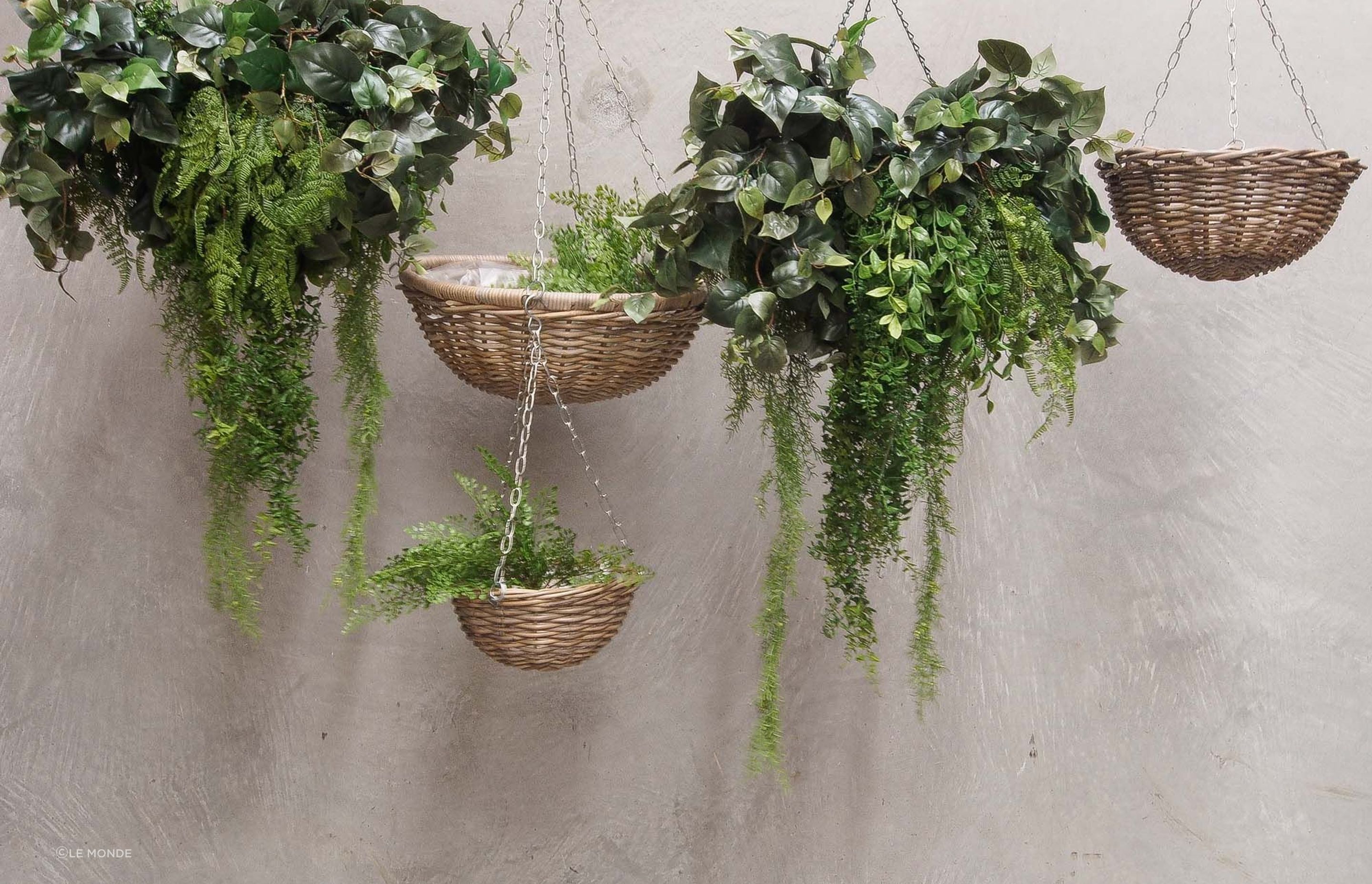 Hanging baskets are a pretty, biophilic addition to a home office. Pictured are rattan baskets by Le Monde.