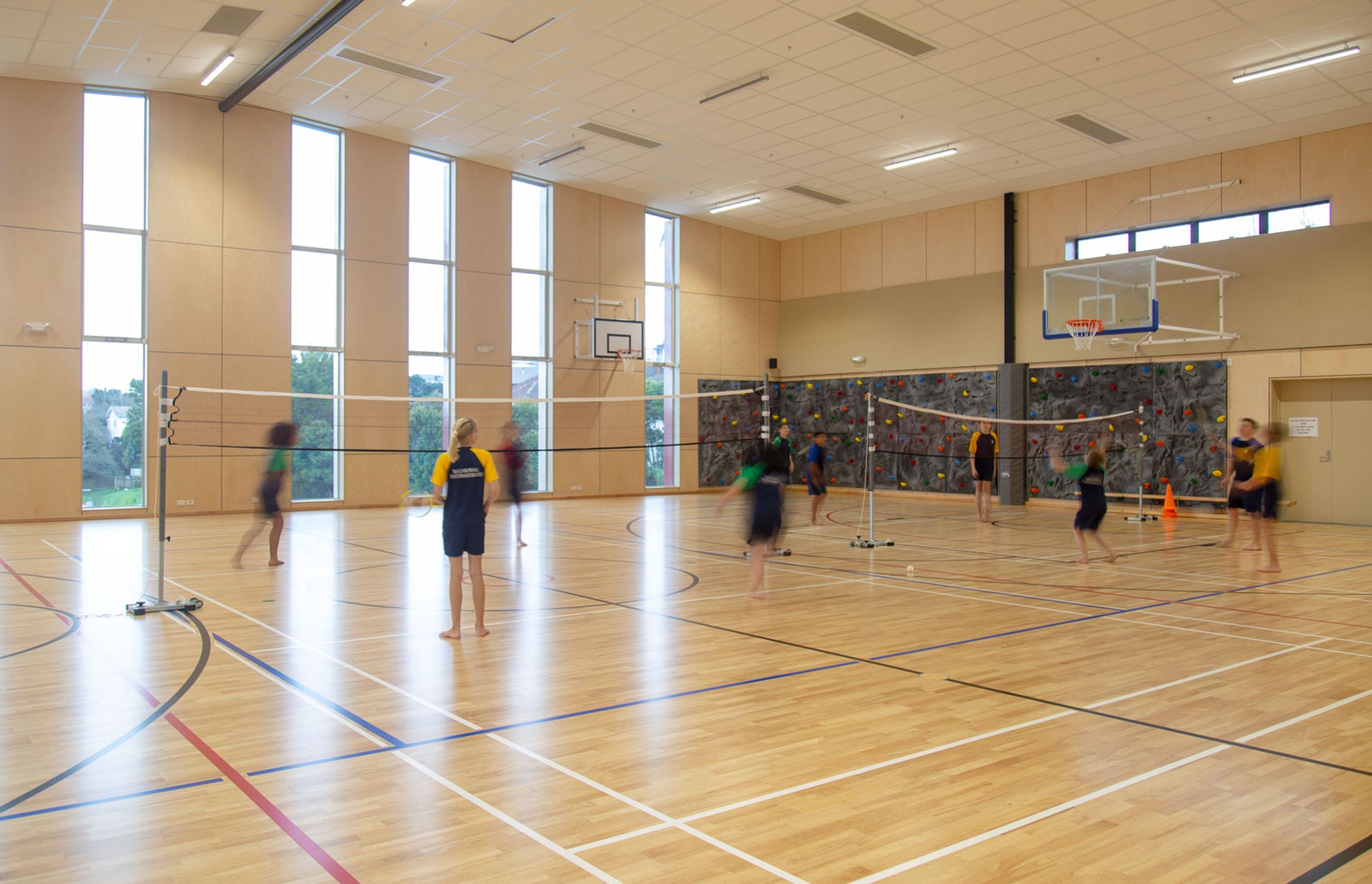 Plytech Green products utilise bio-based, renewable lignin glues as a replacement for traditional fossil phenol glues for a healthier, more sustainable plywood product, as seen here in the Balmoral School gymnasium by RTA Studio.