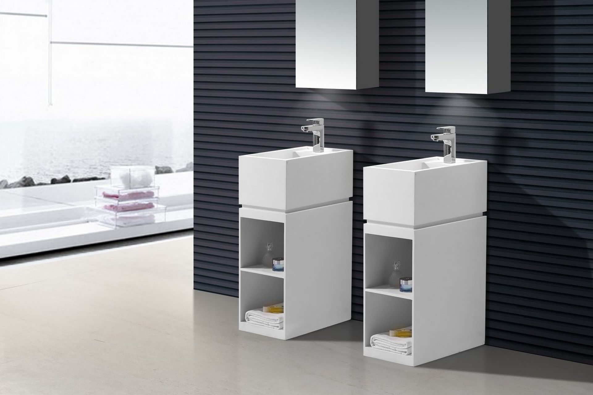 Two Freestanding Stone Basin Units with shelving from Stonebaths