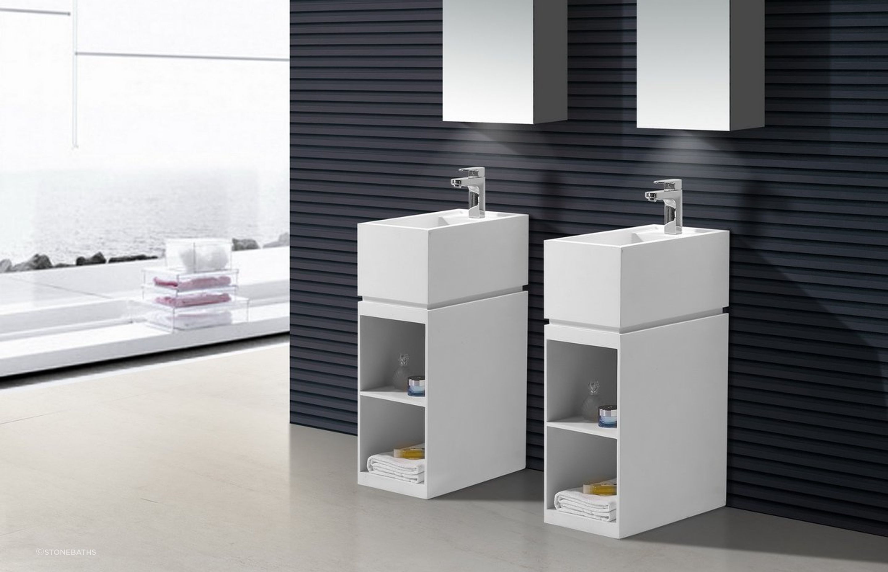 Two Freestanding Stone Basin Units with shelving from Stonebaths