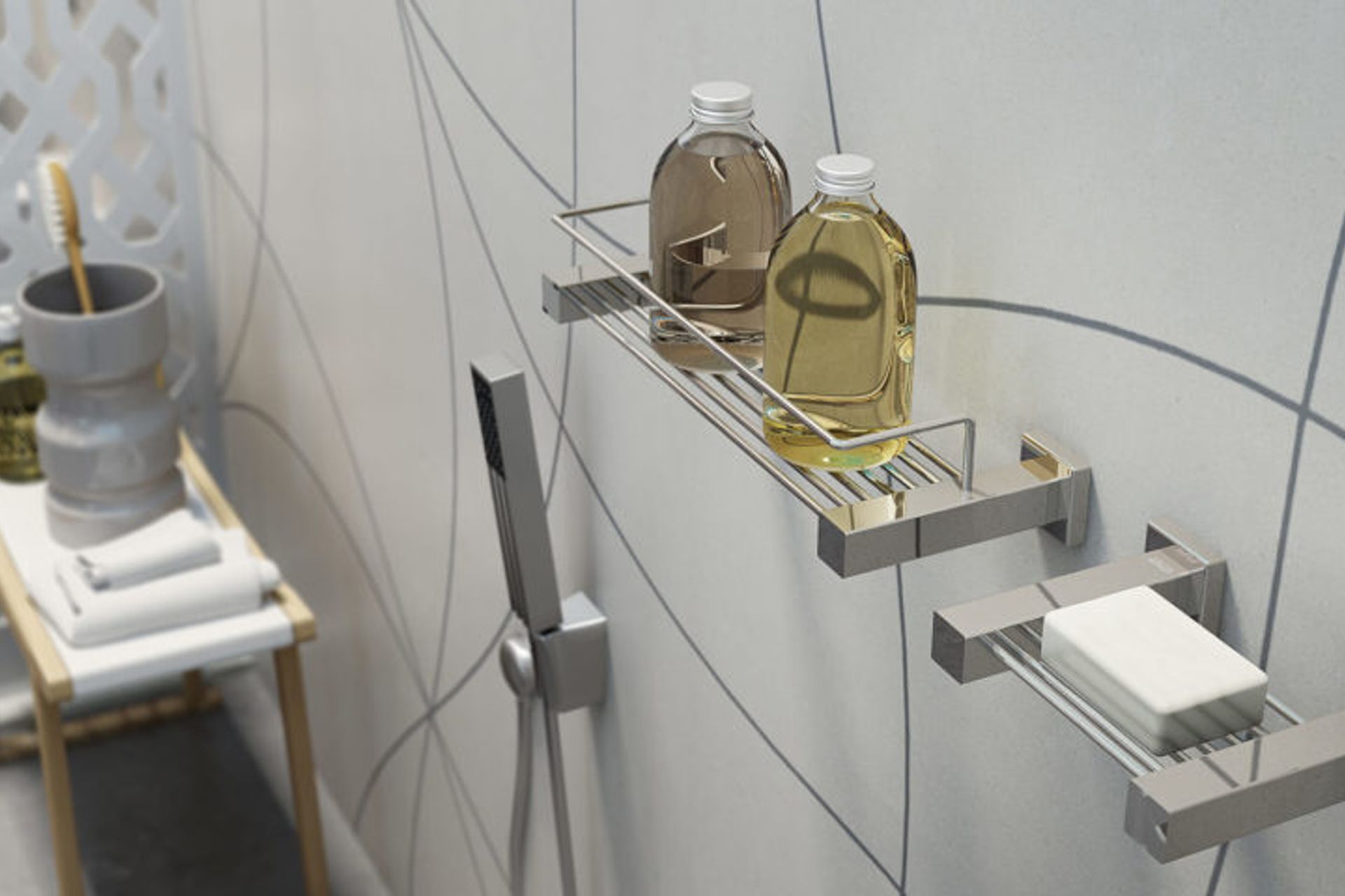 8520 Shower Rack and 8530 Soap Rack in Polished Stainless Steel