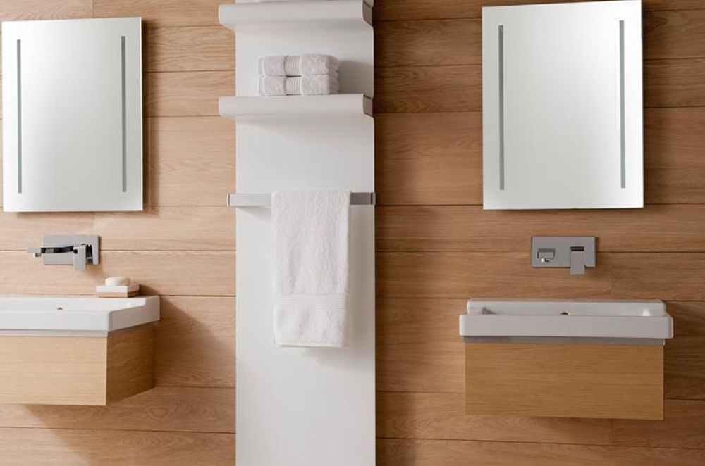 Rebel Heated Towel Rails with floating shelves from Hunt Heating